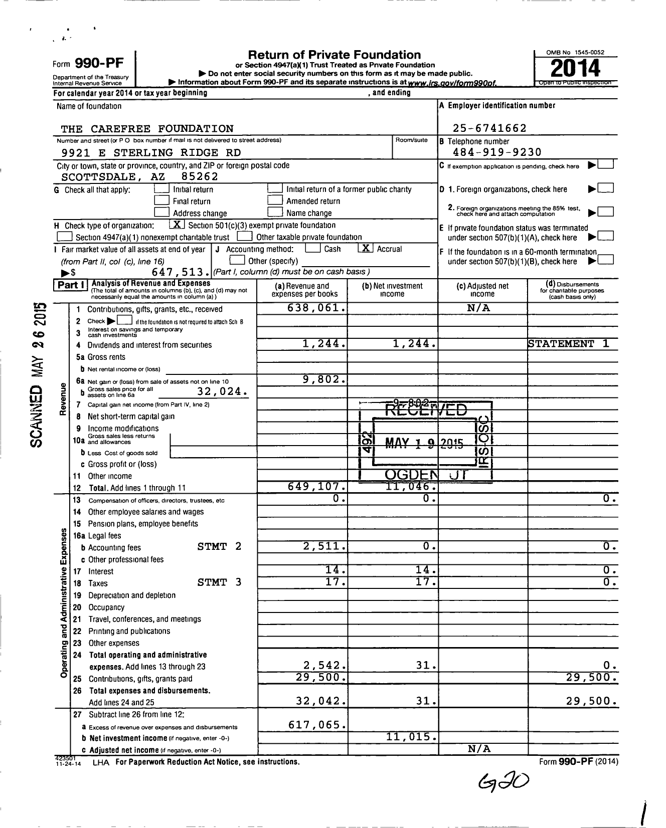 Image of first page of 2014 Form 990PF for The Carefree Foundation