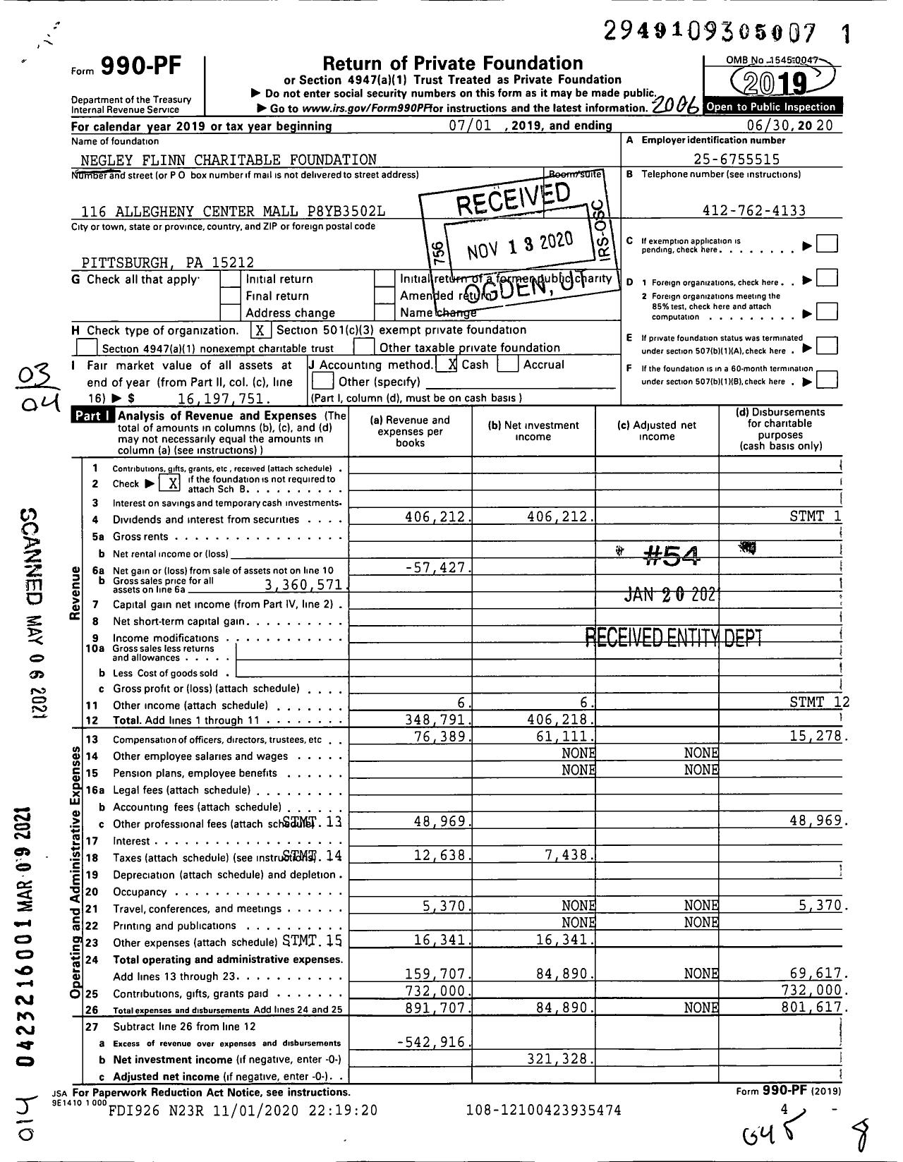 Image of first page of 2019 Form 990PF for Negley Flinn Charitable Foundation