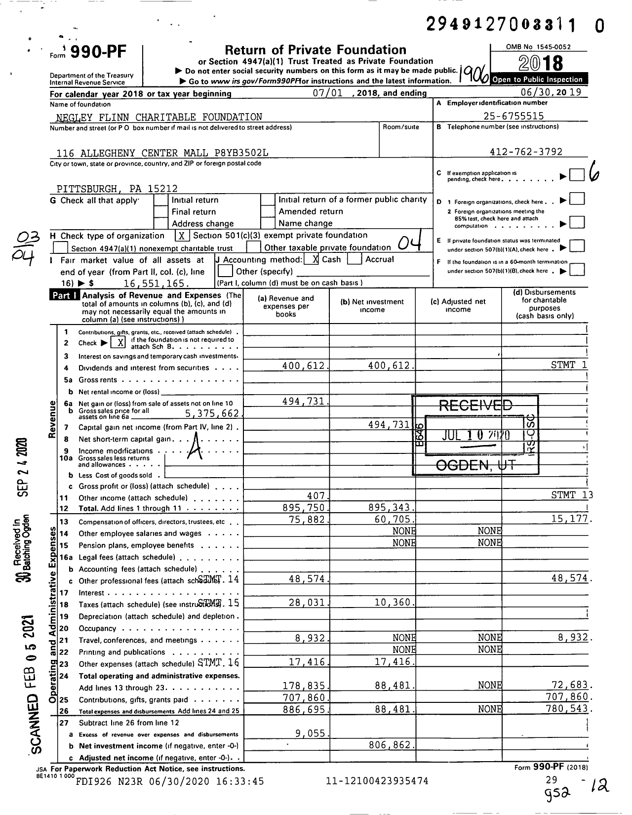 Image of first page of 2018 Form 990PF for Negley Flinn Charitable Foundation