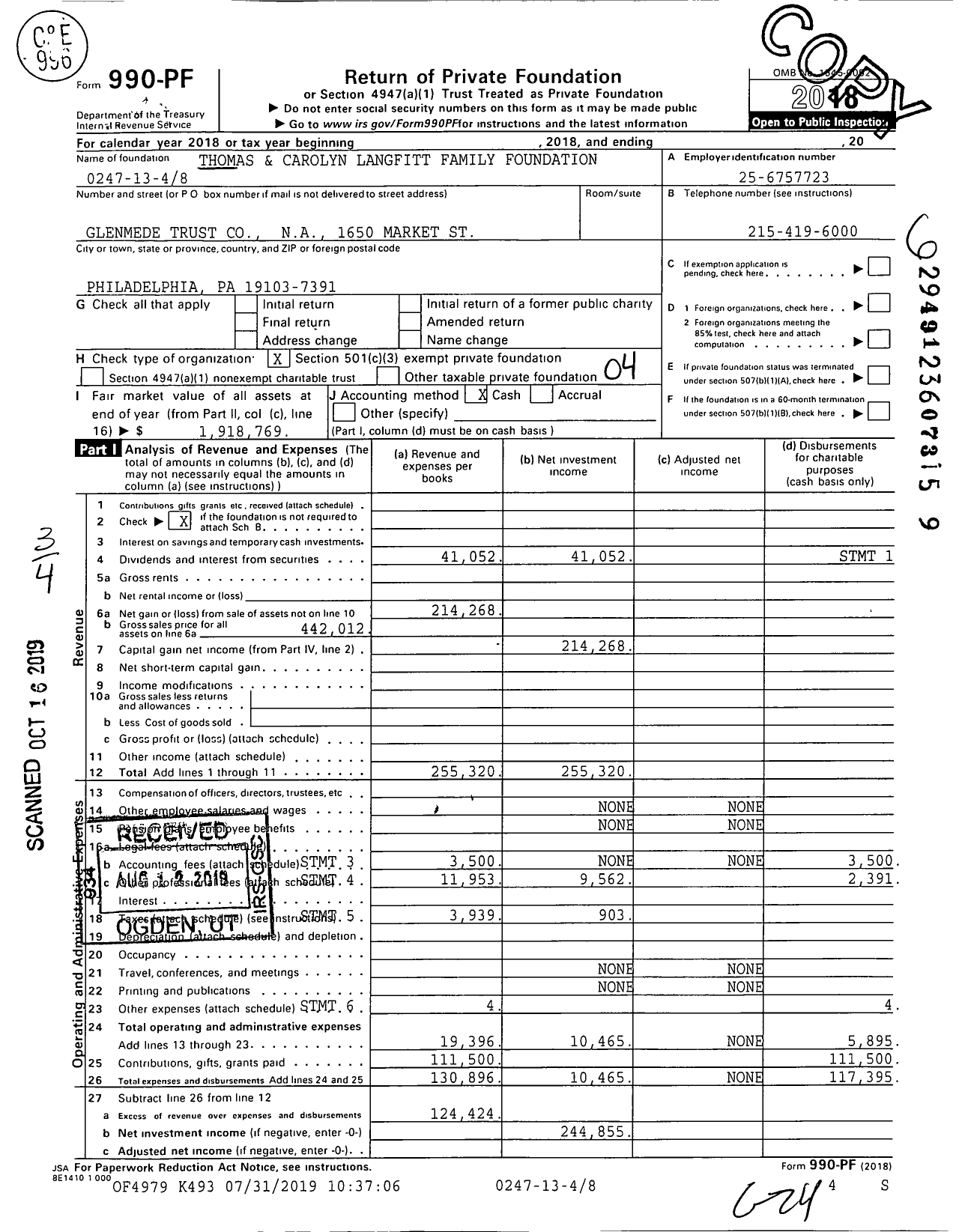 Image of first page of 2018 Form 990PF for Thomas and Carolyn Langfitt Family Foundation