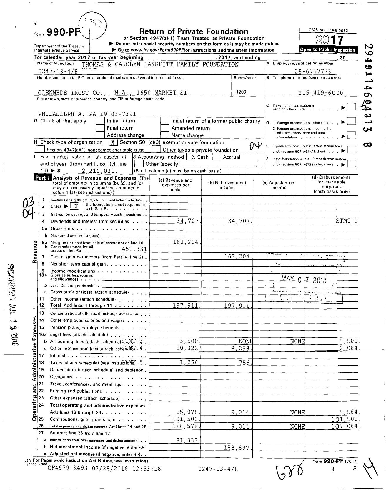 Image of first page of 2017 Form 990PF for Thomas and Carolyn Langfitt Family Foundation