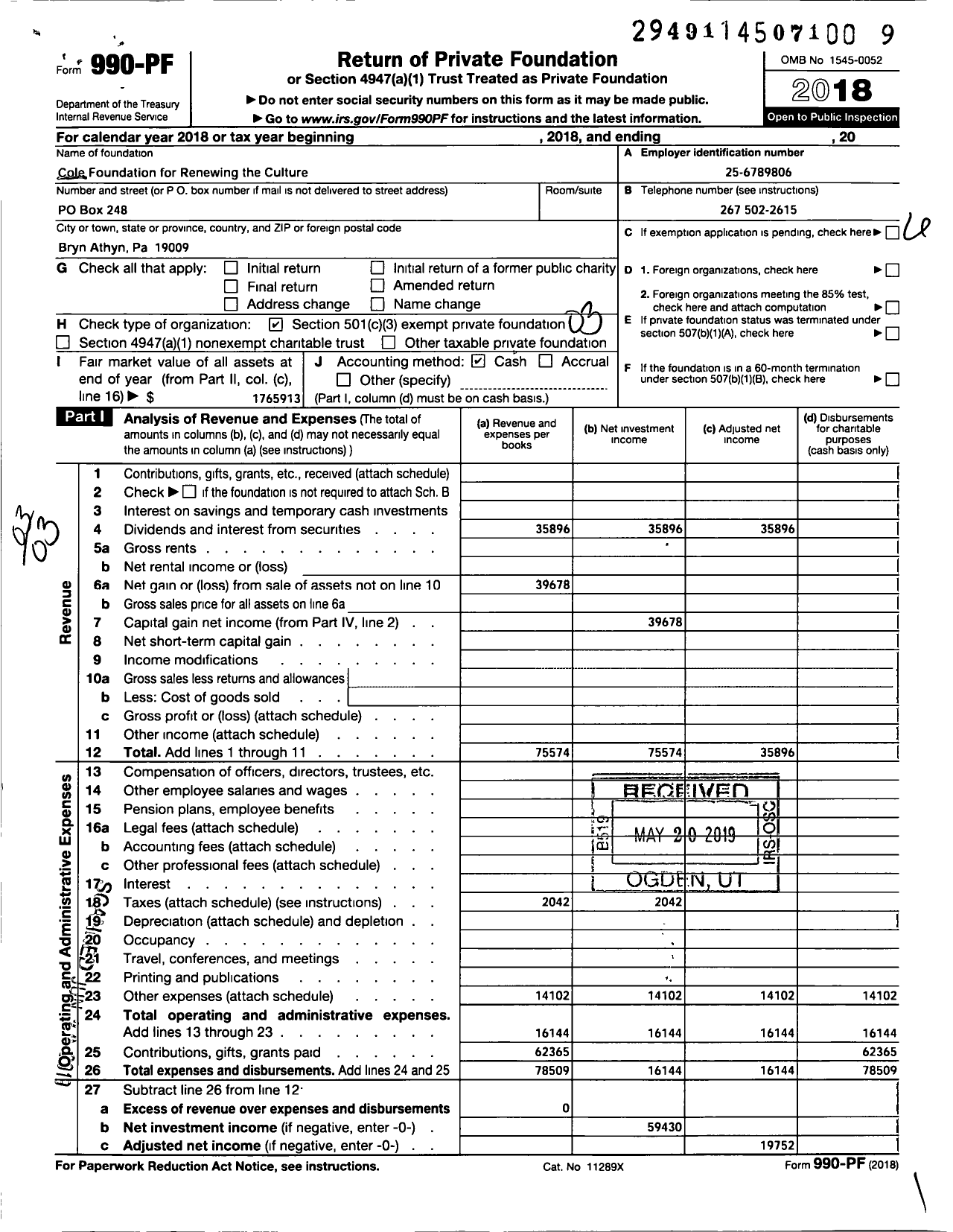 Image of first page of 2018 Form 990PF for Cole Foundation for Renewing the Culture