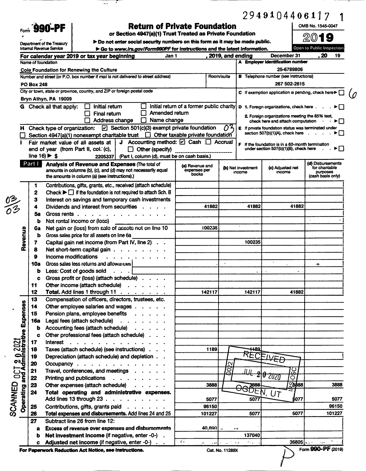 Image of first page of 2019 Form 990PF for Cole Foundation for Renewing the Culture