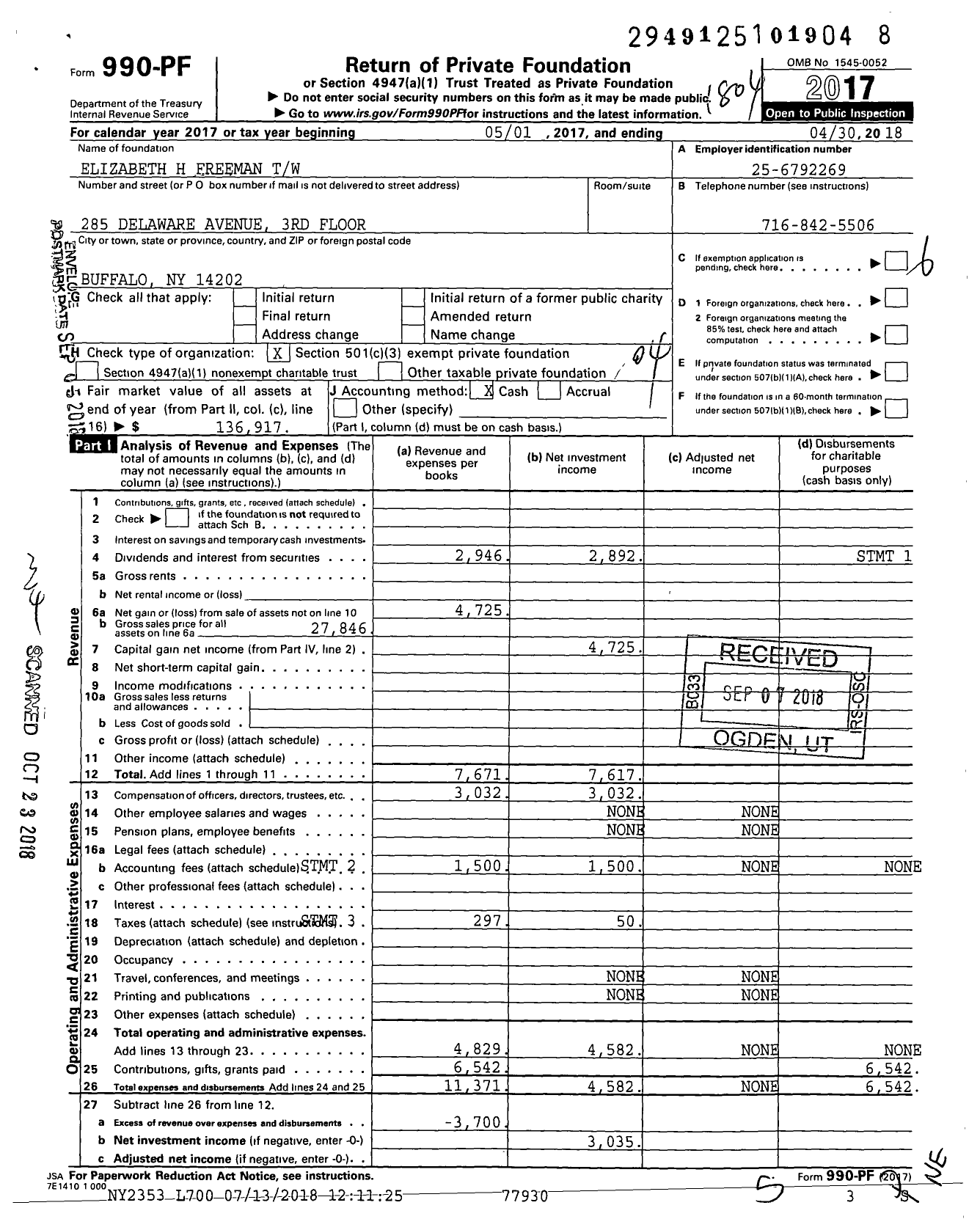 Image of first page of 2017 Form 990PF for Elizabeth H Freeman TR Uw