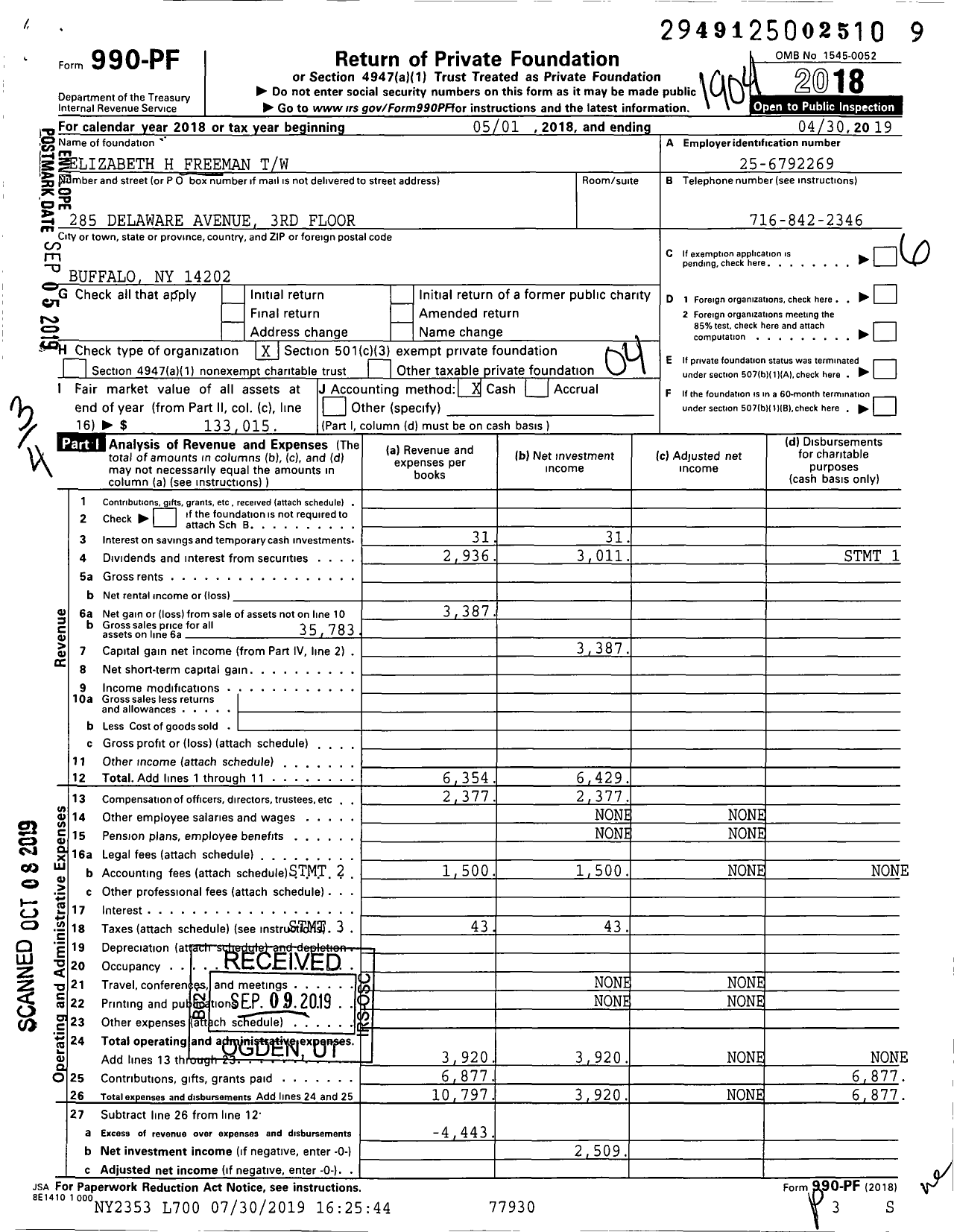 Image of first page of 2018 Form 990PF for Elizabeth H Freeman TR Uw