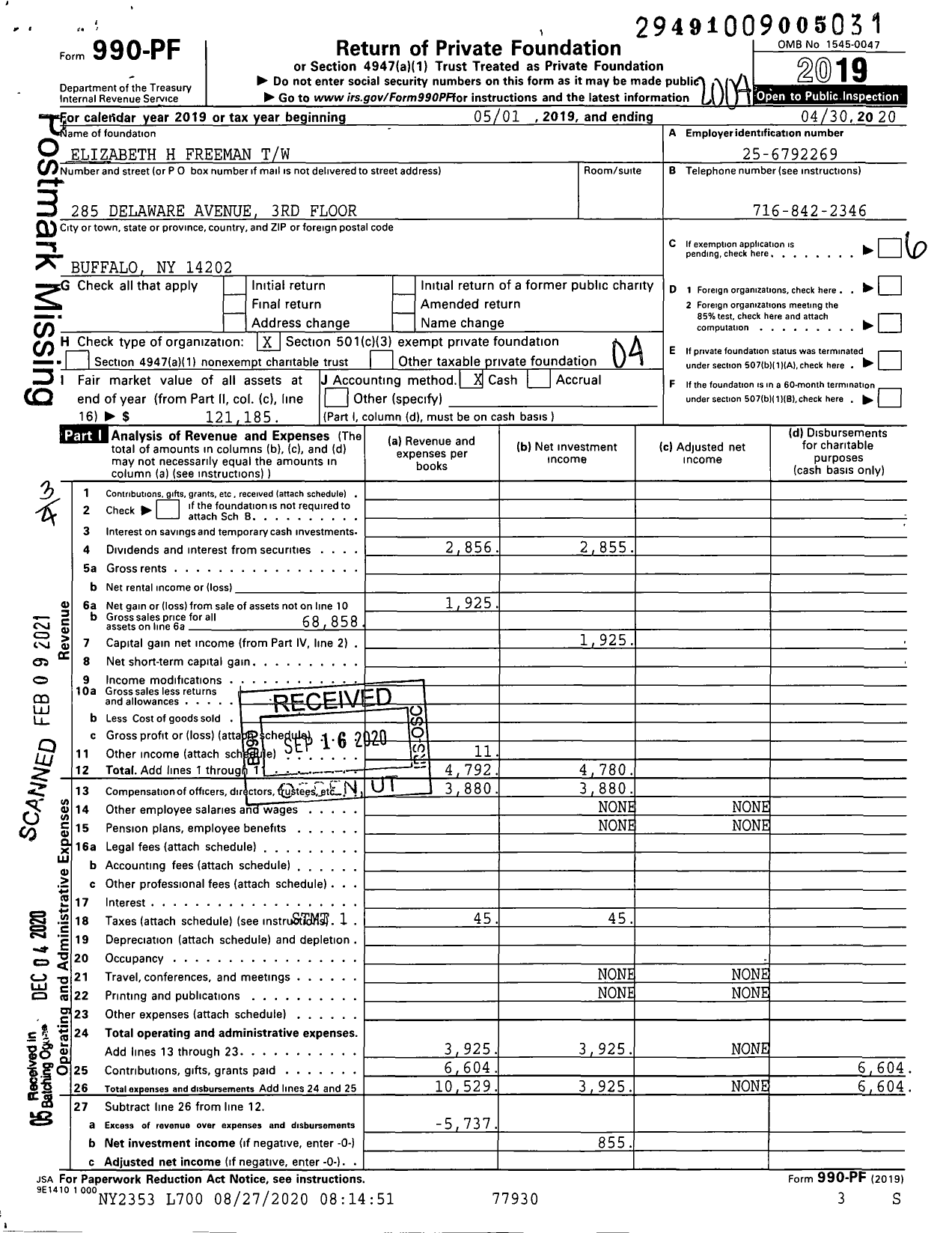 Image of first page of 2019 Form 990PF for Elizabeth H Freeman TR Uw