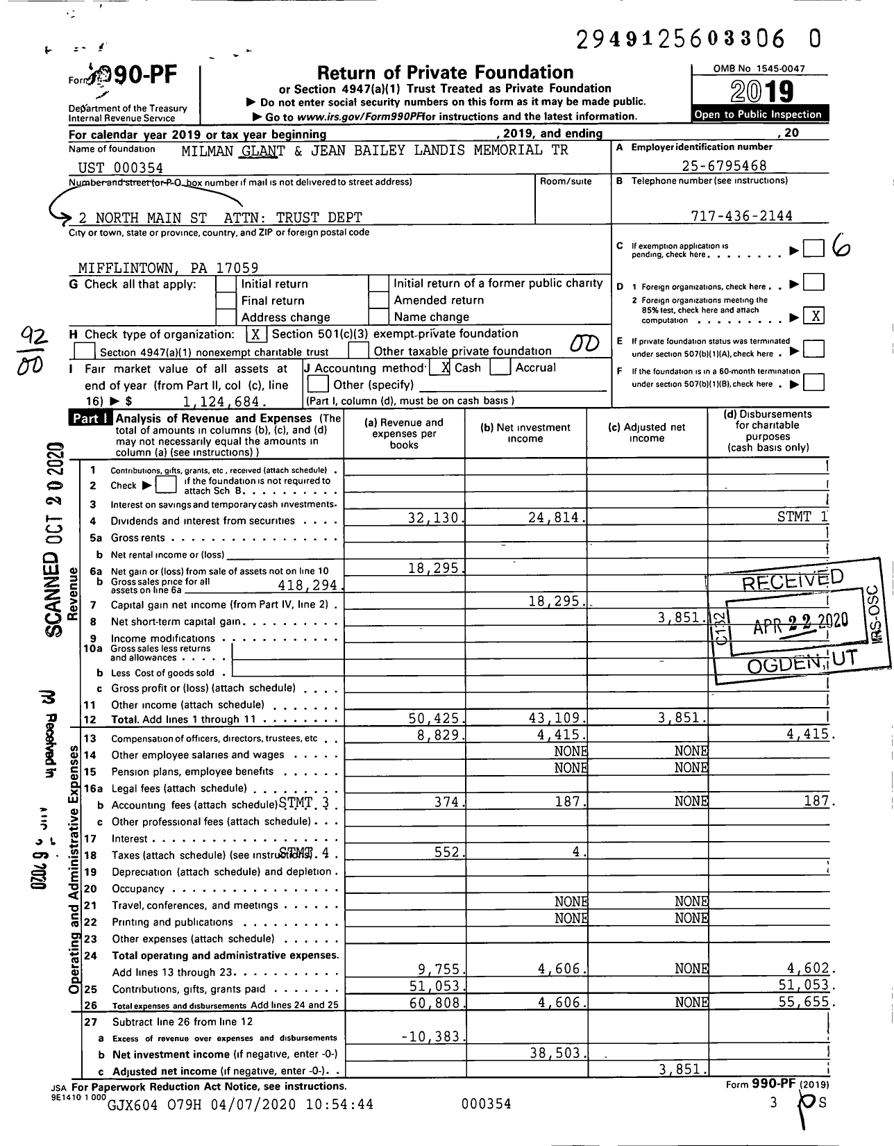 Image of first page of 2019 Form 990PR for Milman Glant and Jean Bailey Landis Memorial