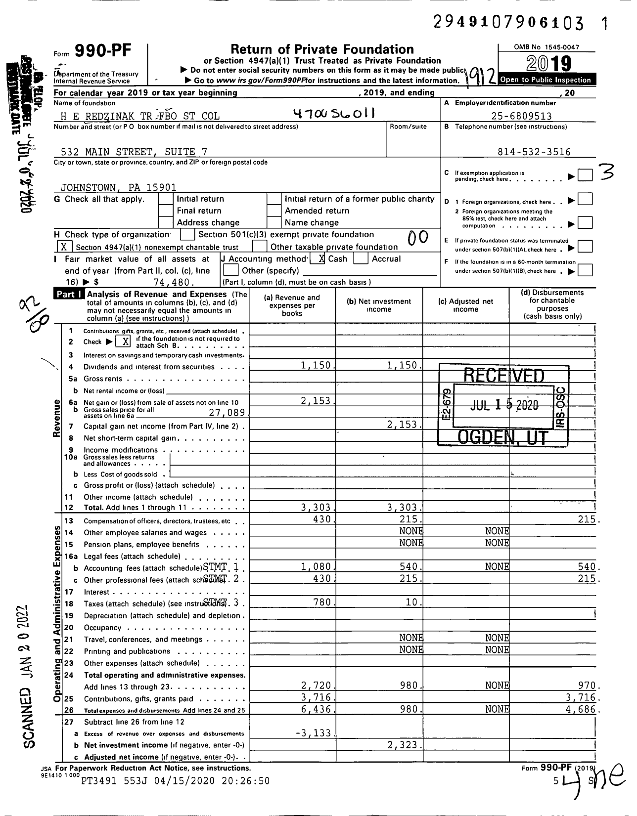 Image of first page of 2019 Form 990PF for H E Redzinak TR Fbo St Col