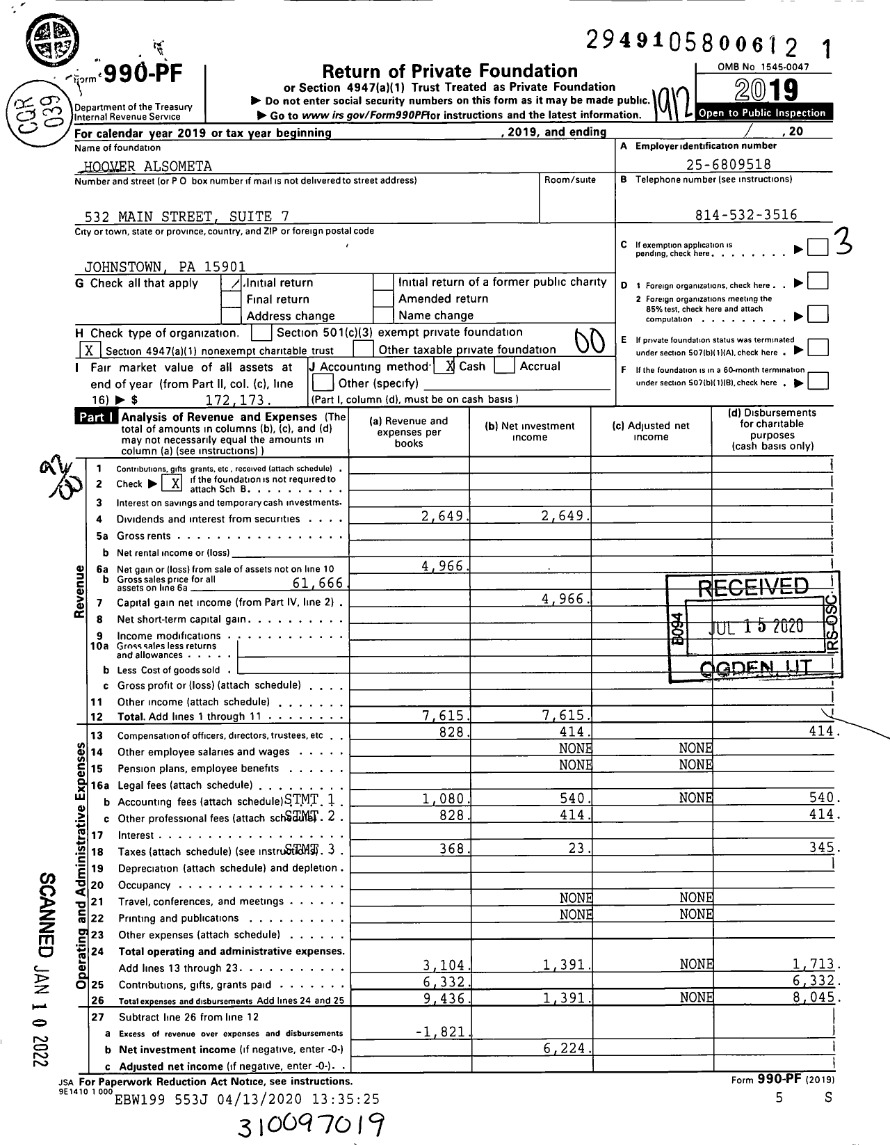 Image of first page of 2019 Form 990PF for Hoover Alsometa