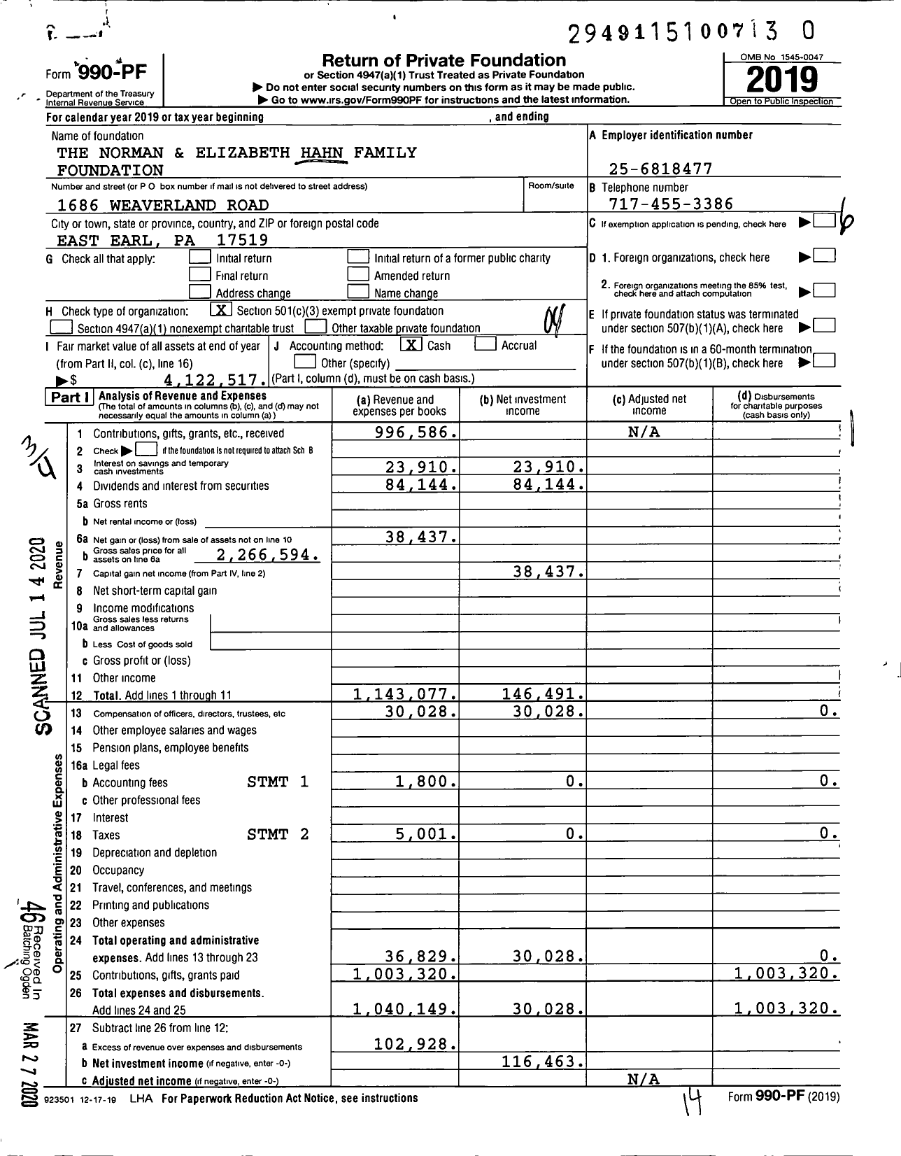 Image of first page of 2019 Form 990PR for The Norman and Elizabeth Hahn Family Foundation