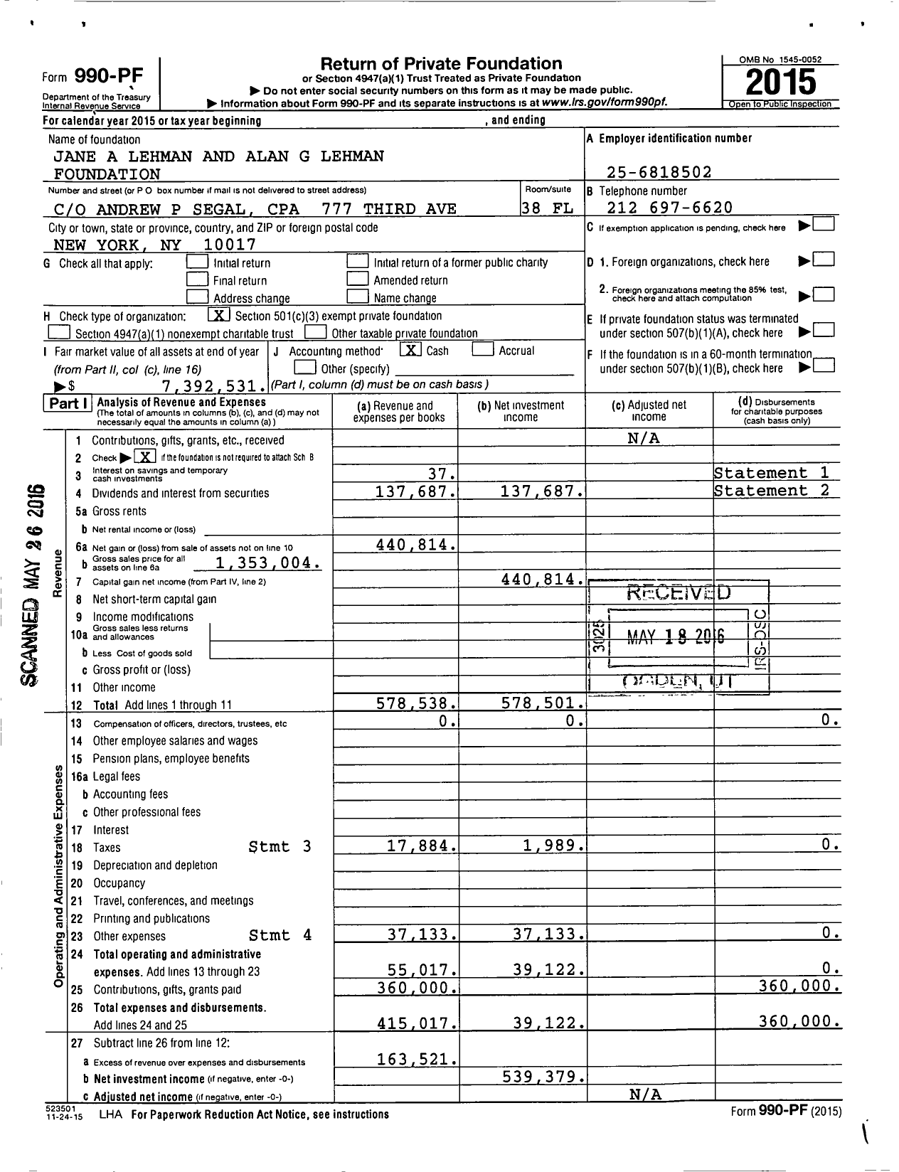 Image of first page of 2015 Form 990PF for Jane A Lehman and Alan G Lehman Foundation