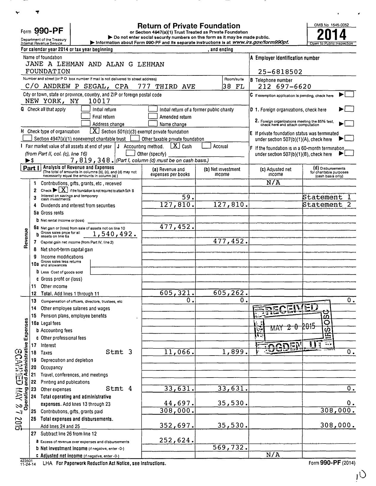Image of first page of 2014 Form 990PF for Jane A Lehman and Alan G Lehman Foundation