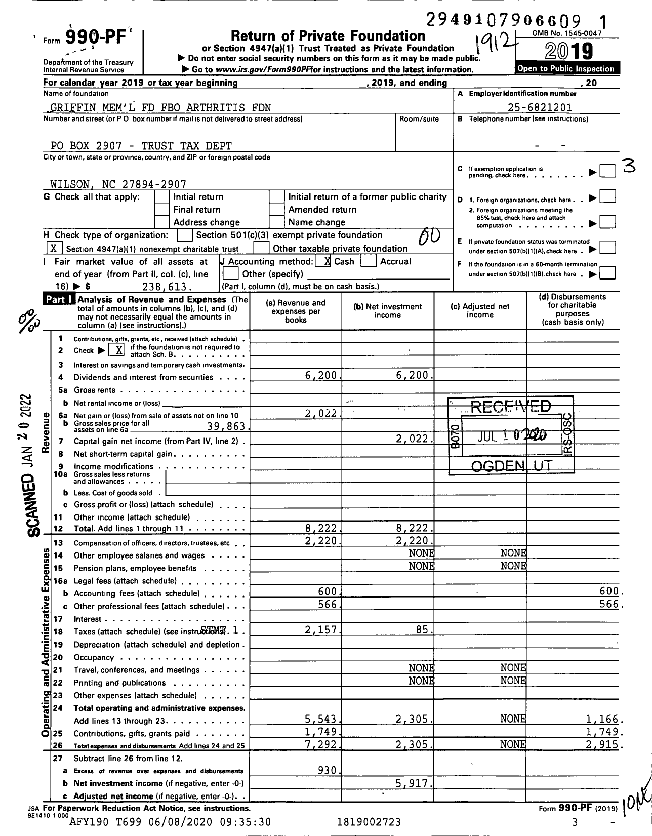 Image of first page of 2019 Form 990PF for Griffin Mem'l FD Fbo Arthritis Foundation