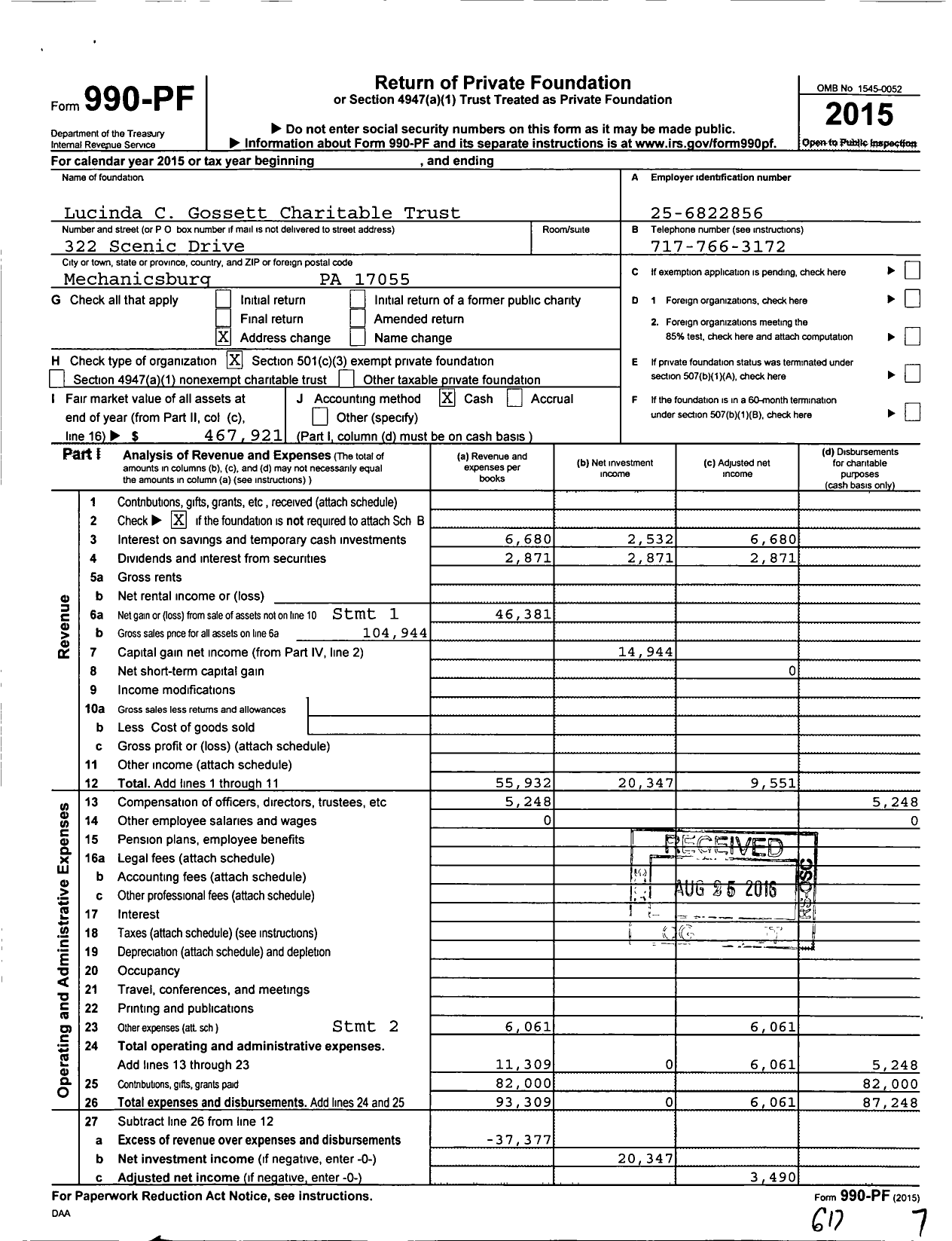Image of first page of 2015 Form 990PF for Lucinda C Gossett Charitable Trust