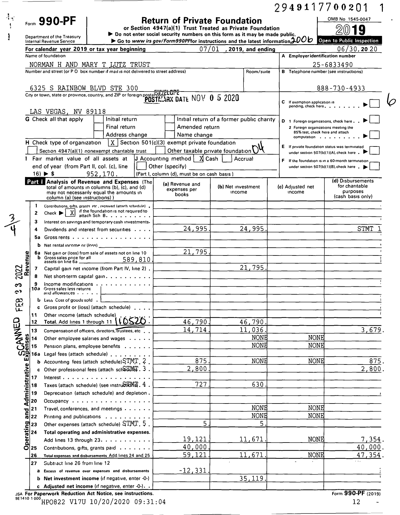 Image of first page of 2019 Form 990PF for Norman H and Mary T Lutz Trust