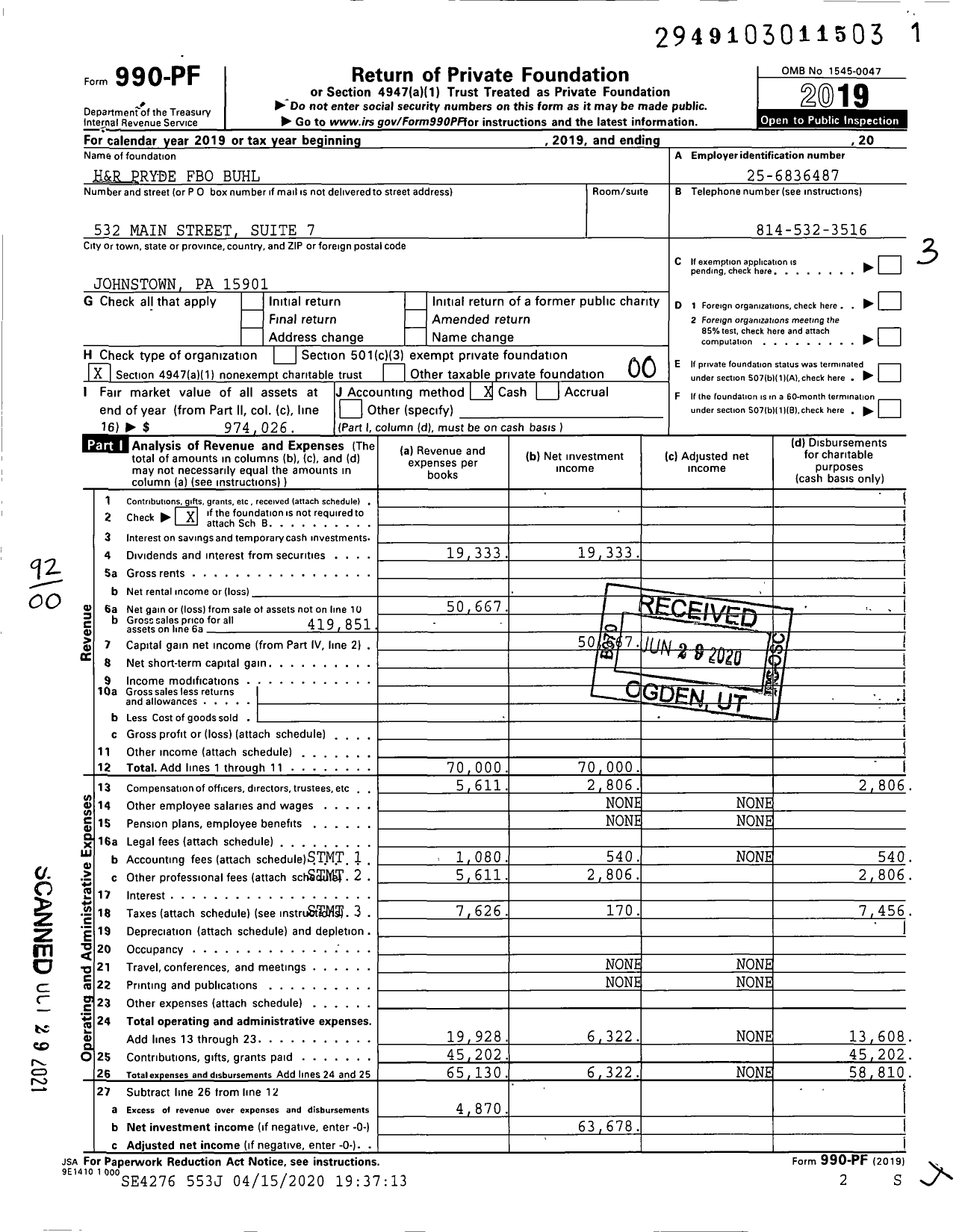 Image of first page of 2019 Form 990PF for H&R Pryde Fbo Buhl