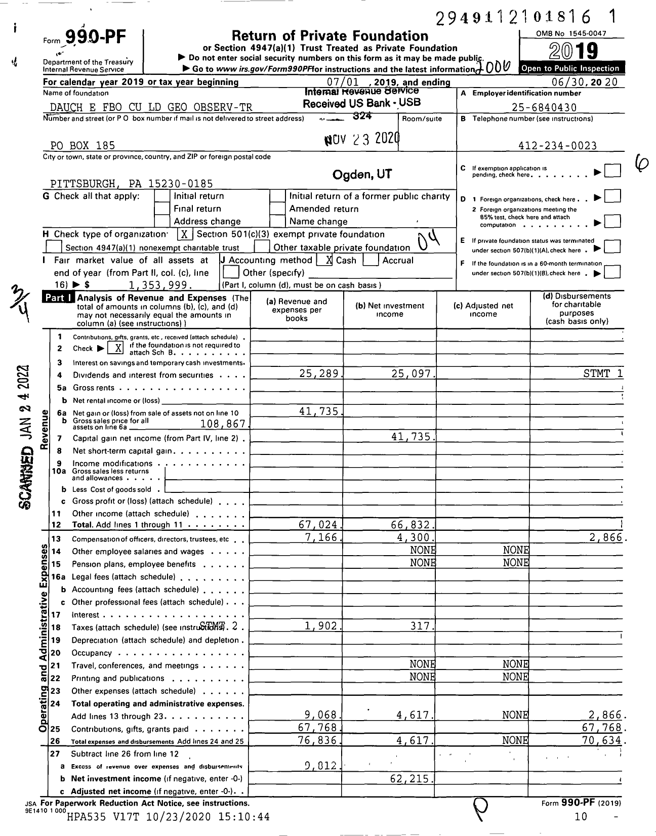 Image of first page of 2019 Form 990PF for Dauch E Fbo Cu LD Geo Observ-Tr