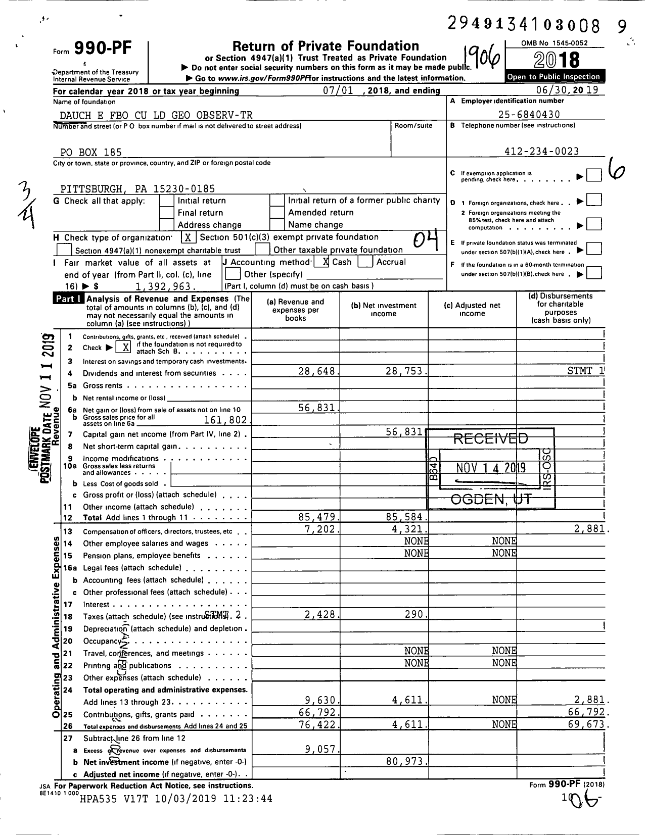 Image of first page of 2018 Form 990PF for Dauch E Fbo Cu LD Geo Observ-Tr