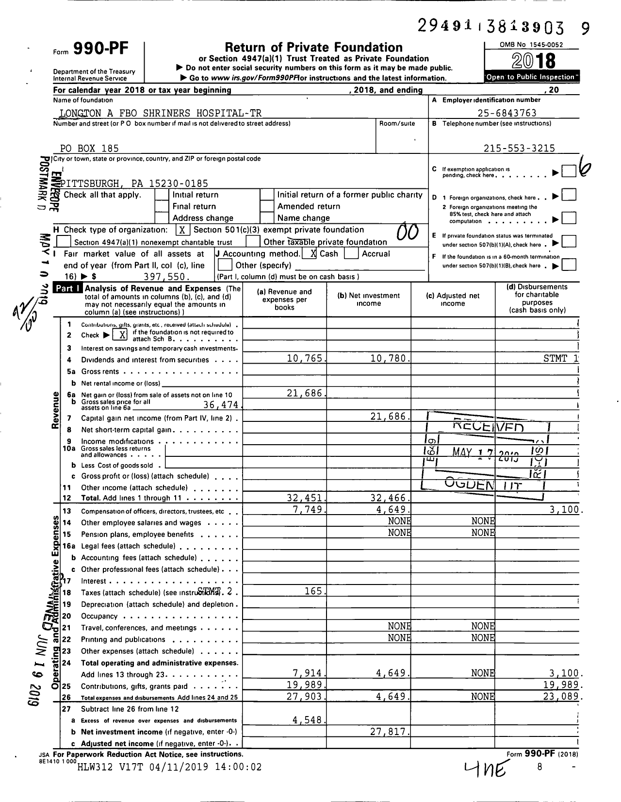 Image of first page of 2018 Form 990PF for Longton A Fbo Shriners Hospital-Tr