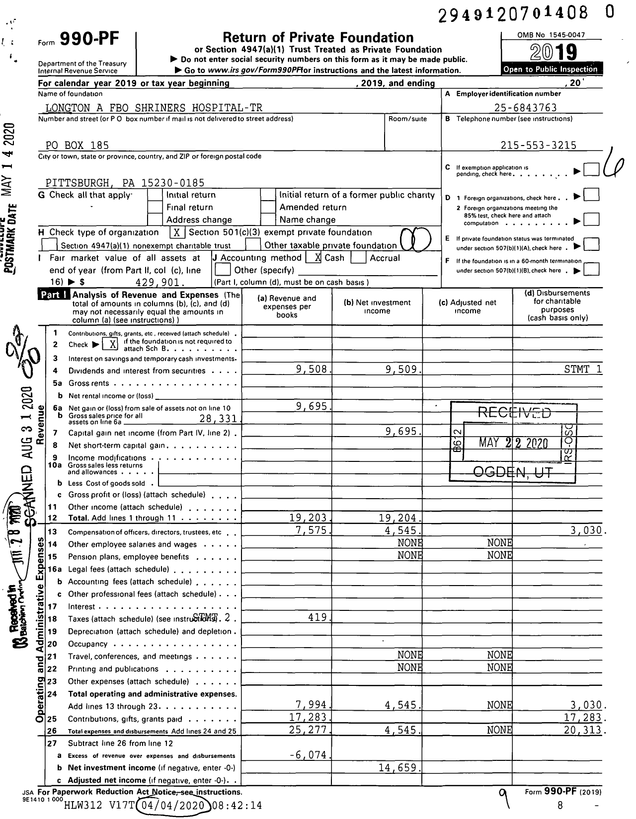 Image of first page of 2019 Form 990PR for Longton A Fbo Shriners Hospital-Tr