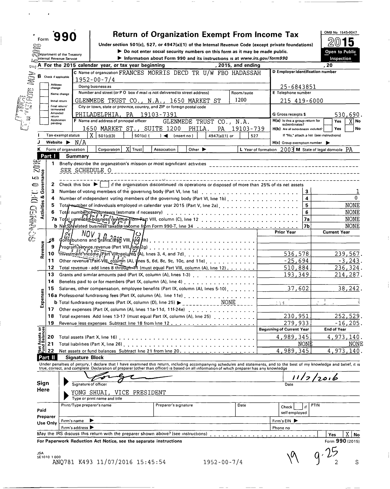 Image of first page of 2015 Form 990 for Frances Morris Decd TR Uw Fbo Hadassah
