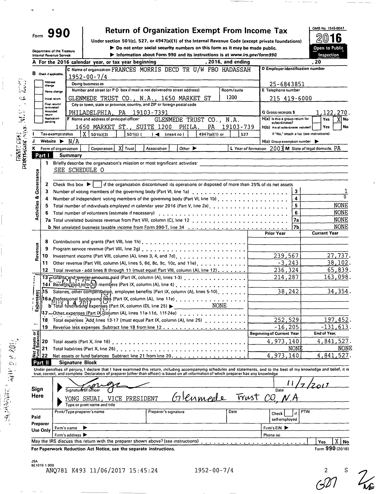 Image of first page of 2016 Form 990 for Frances Morris Decd TR Uw Fbo Hadassah