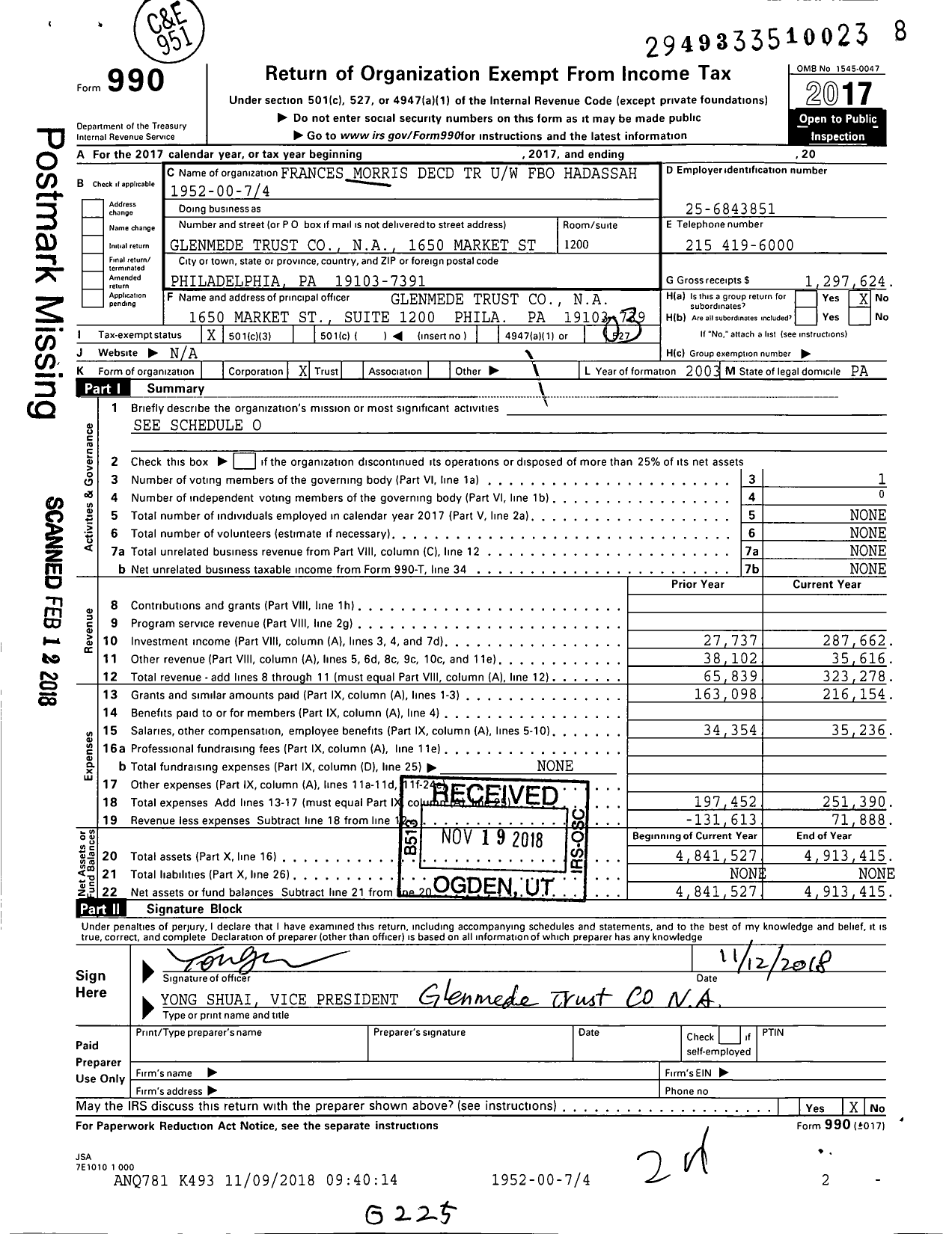 Image of first page of 2017 Form 990 for Frances Morris Decd TR Uw Fbo Hadassah
