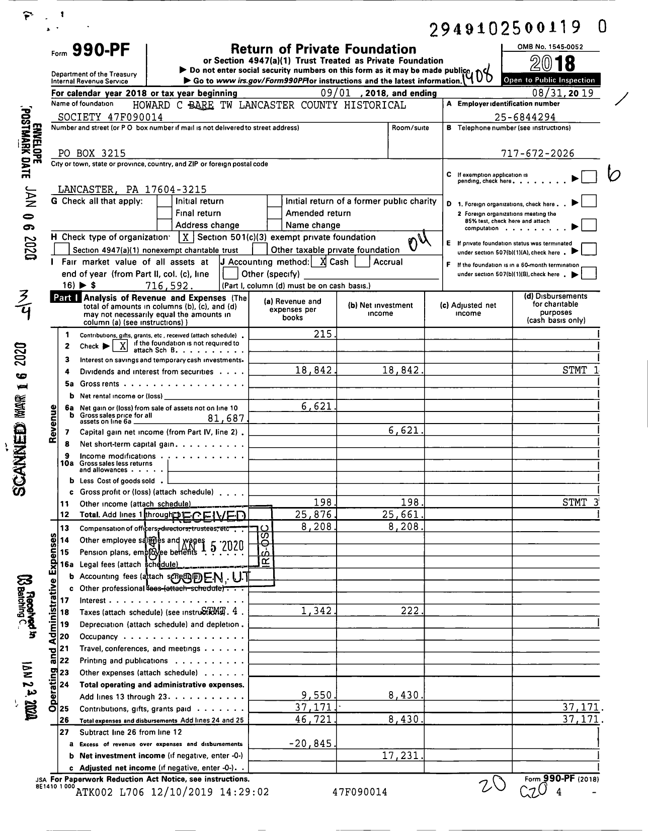 Image of first page of 2018 Form 990PR for Howard C Bare TW Lancaster County Historical