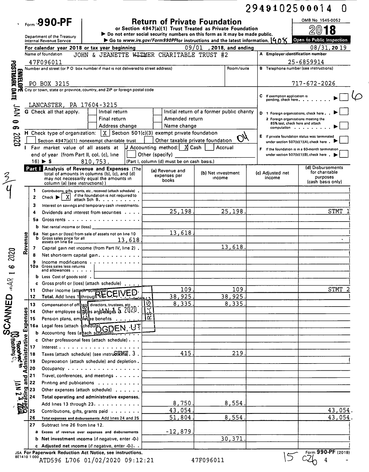 Image of first page of 2018 Form 990PR for John and Jeanette Witmer Charitable Trust #2