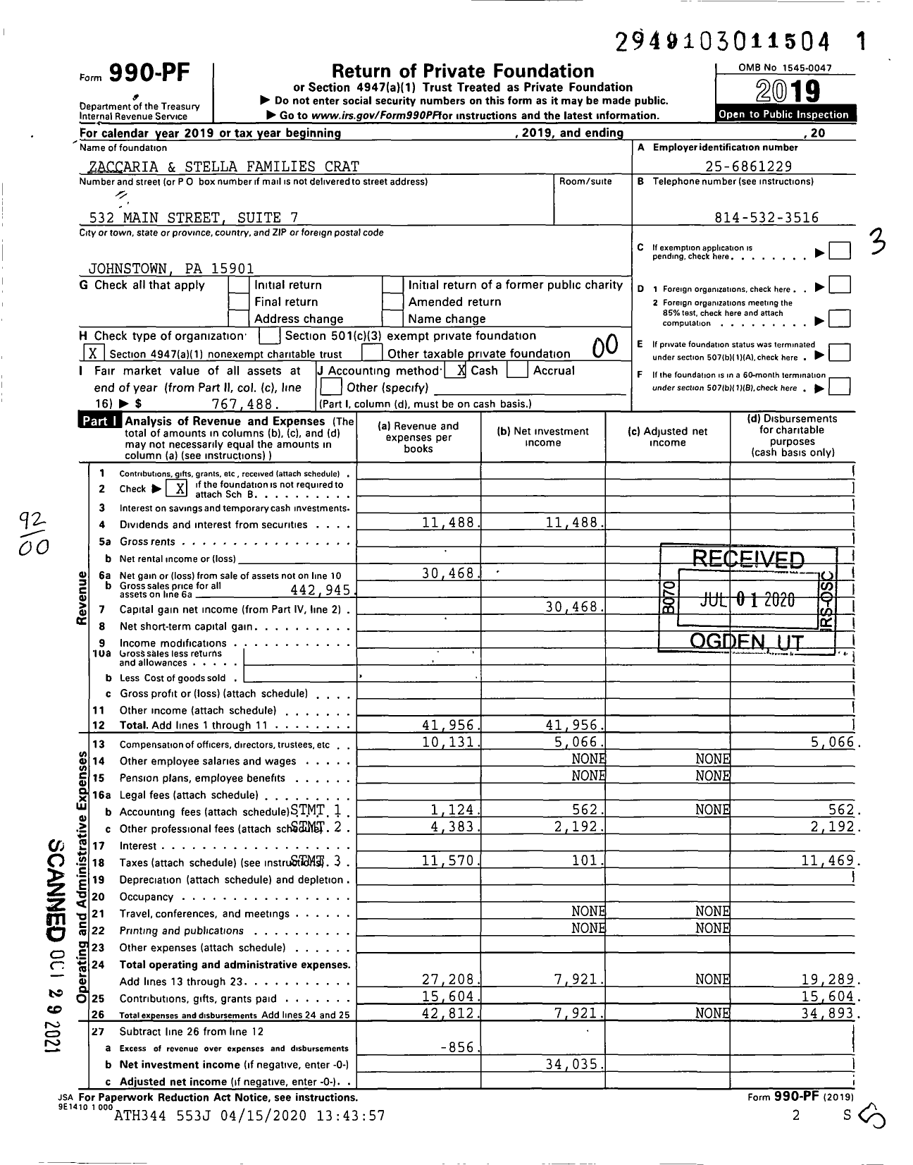 Image of first page of 2019 Form 990PF for Zaccaria and Stella Families Crat