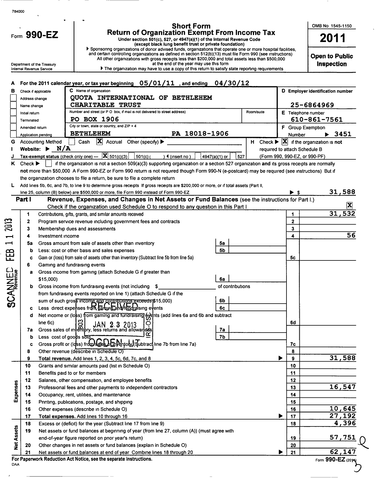 Image of first page of 2011 Form 990EZ for We Share Foundation / Quota International of Bethlehem CH