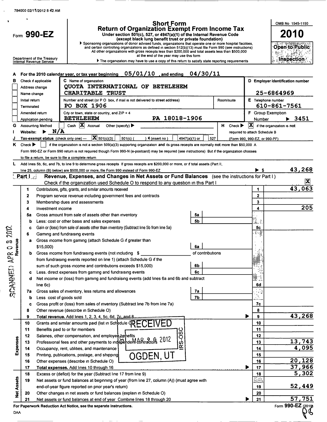 Image of first page of 2010 Form 990EZ for We Share Foundation / Quota International of Bethlehem CH