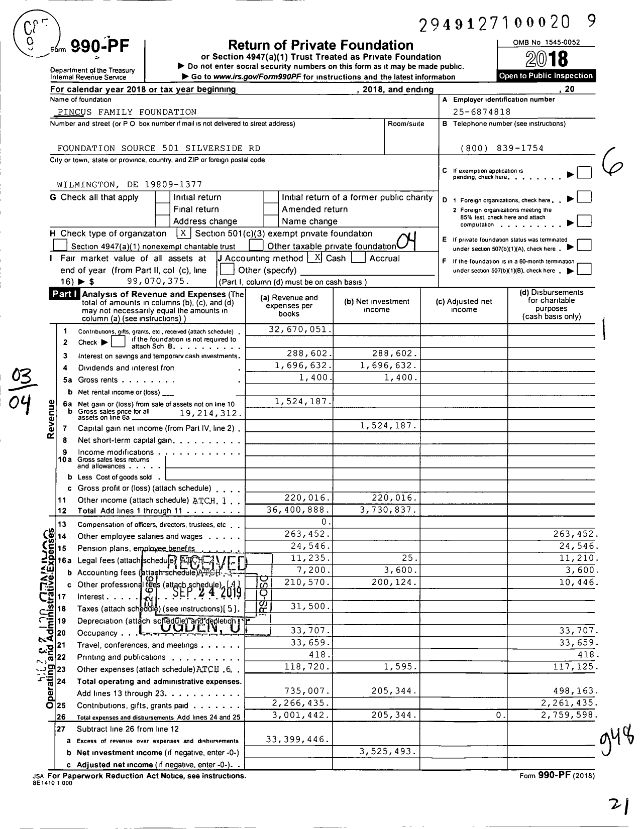 Image of first page of 2018 Form 990PF for Pincus Family Foundation