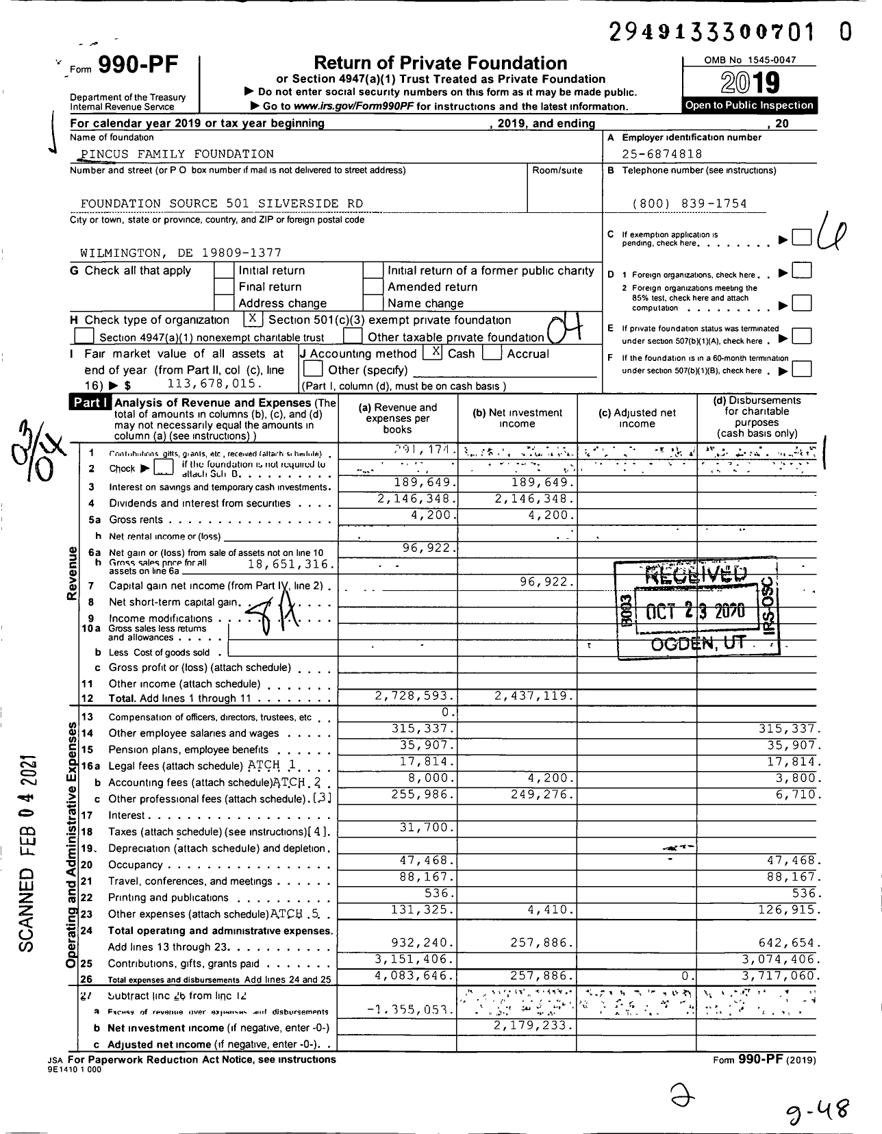 Image of first page of 2019 Form 990PF for Pincus Family Foundation