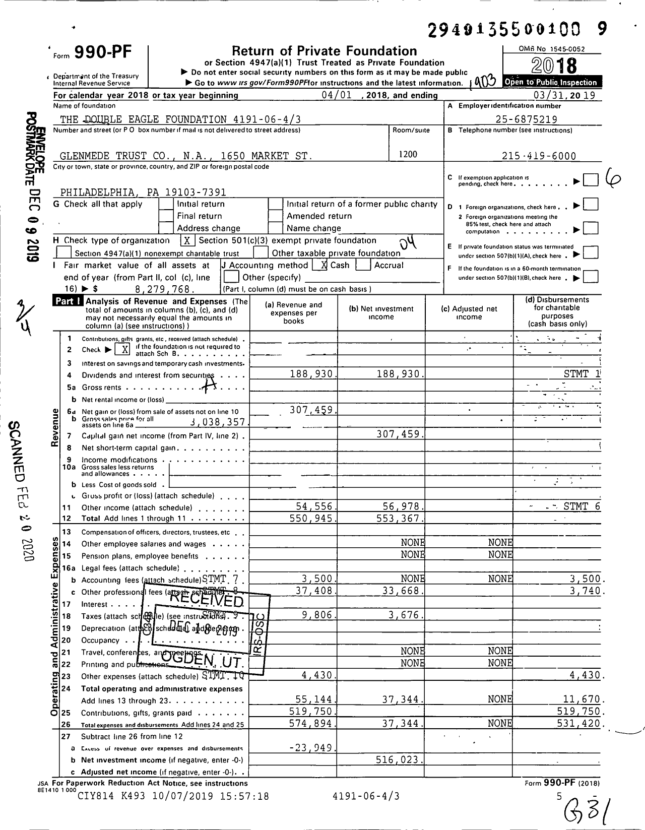 Image of first page of 2018 Form 990PF for The Double Eagle Foundation 4191-06-43