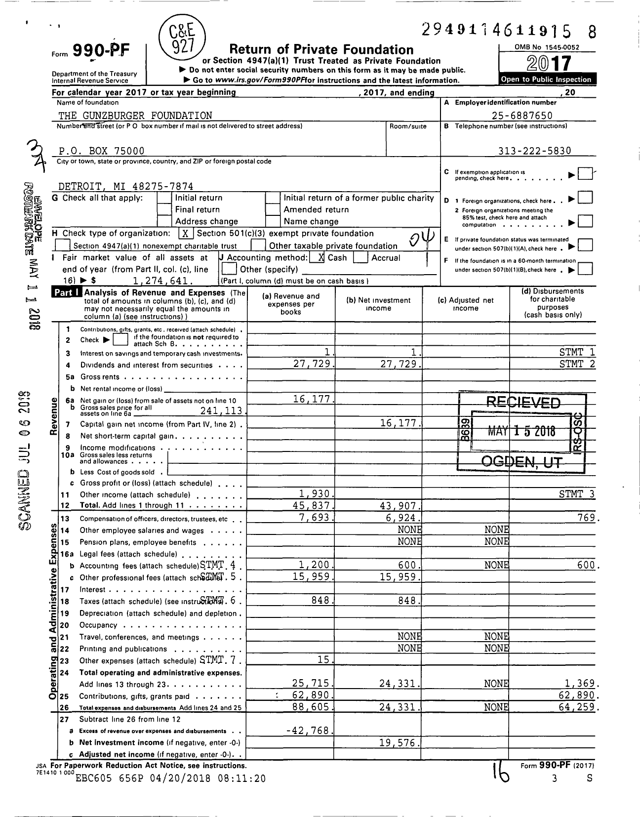 Image of first page of 2017 Form 990PF for The Gunzburger Foundation