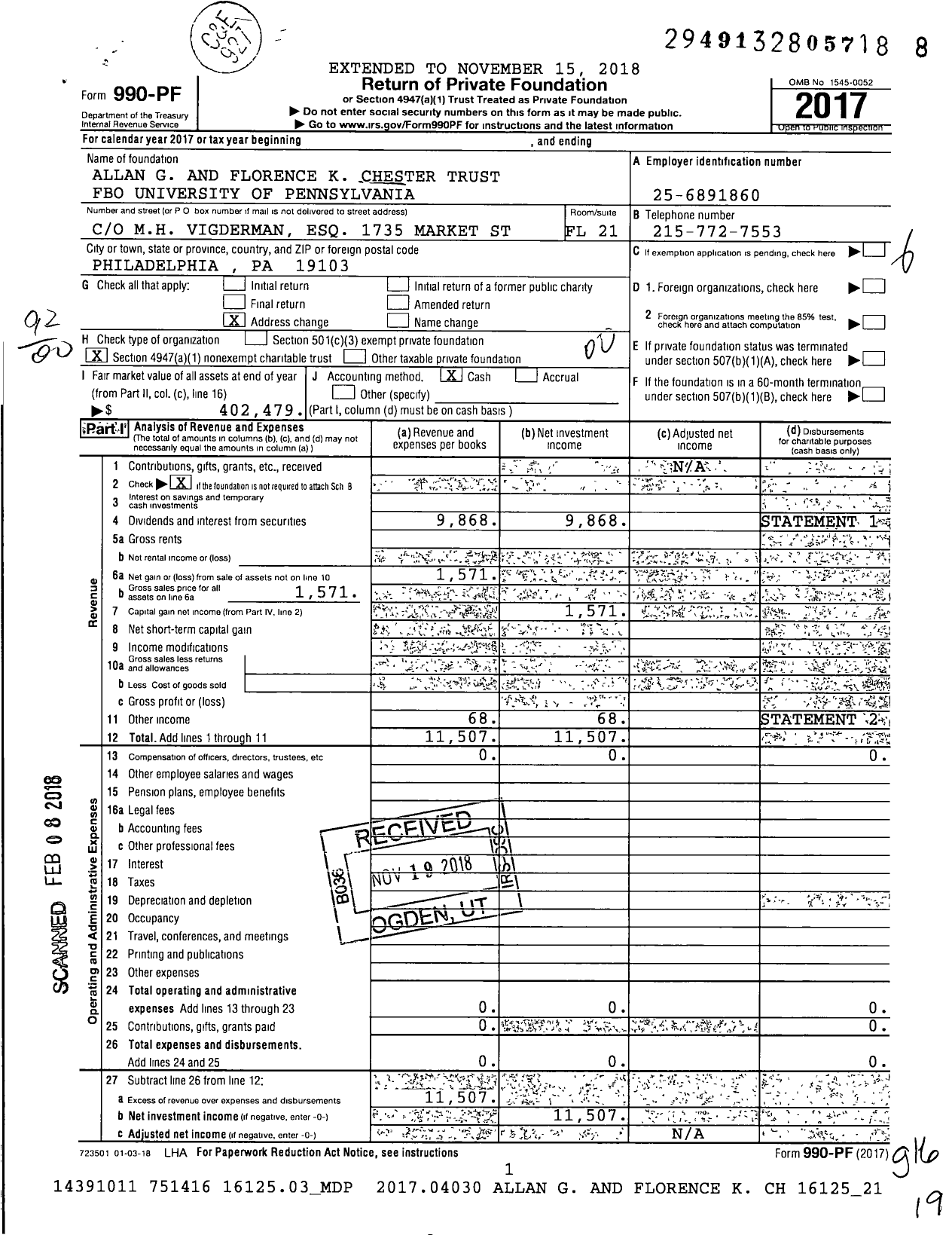 Image of first page of 2017 Form 990PF for Allan G and Florence K Chester Trust Fbo Univ of Pa