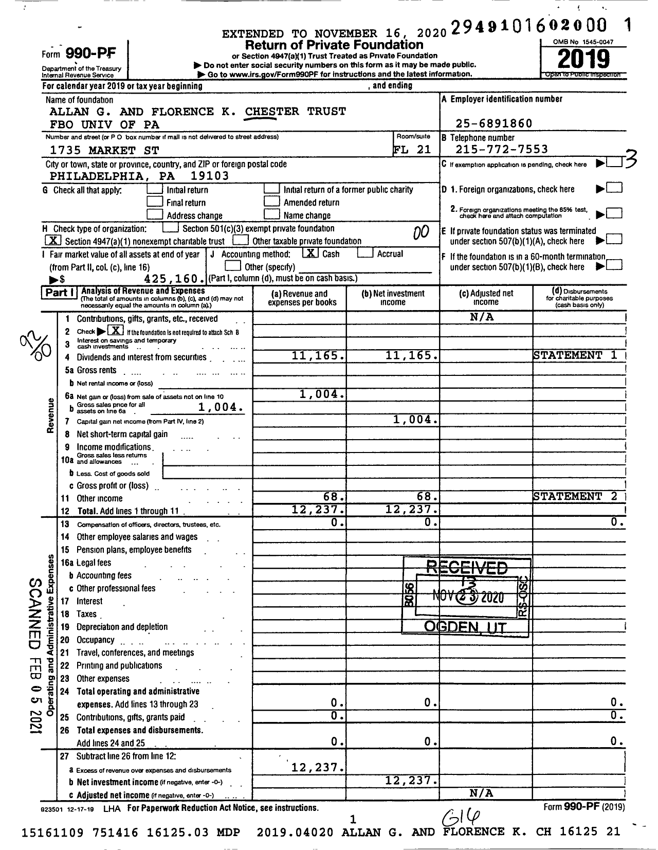 Image of first page of 2019 Form 990PF for Allan G and Florence K Chester Trust Fbo Univ of Pa