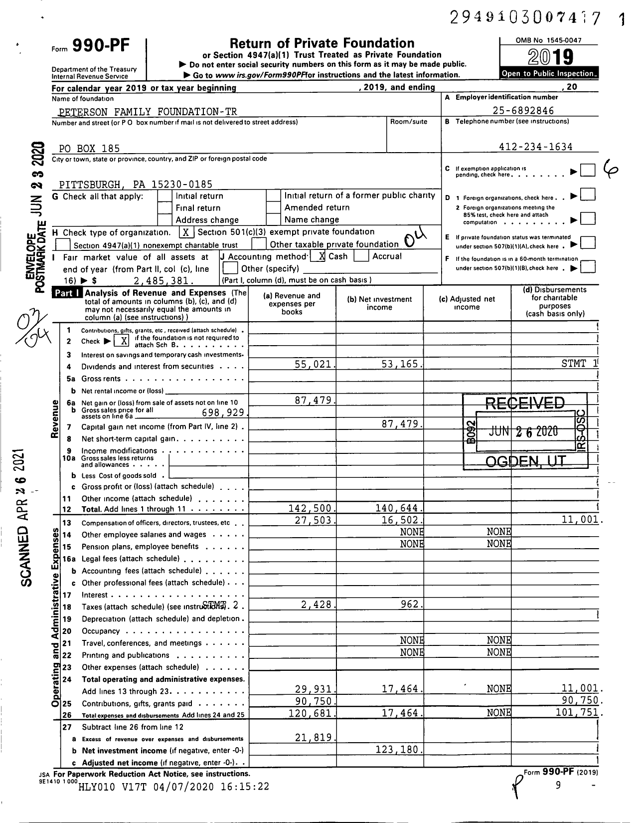 Image of first page of 2019 Form 990PF for Peterson Family Foundation-Tr