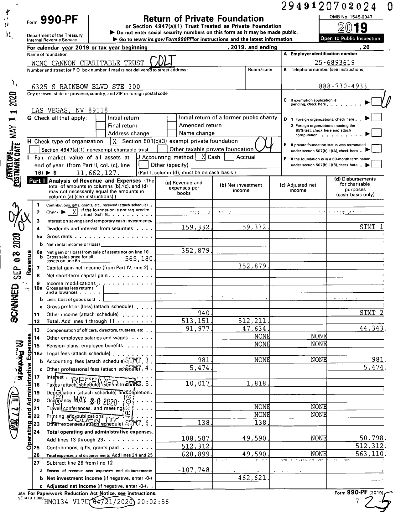 Image of first page of 2019 Form 990PR for WCNC Cannon Charitable Trust