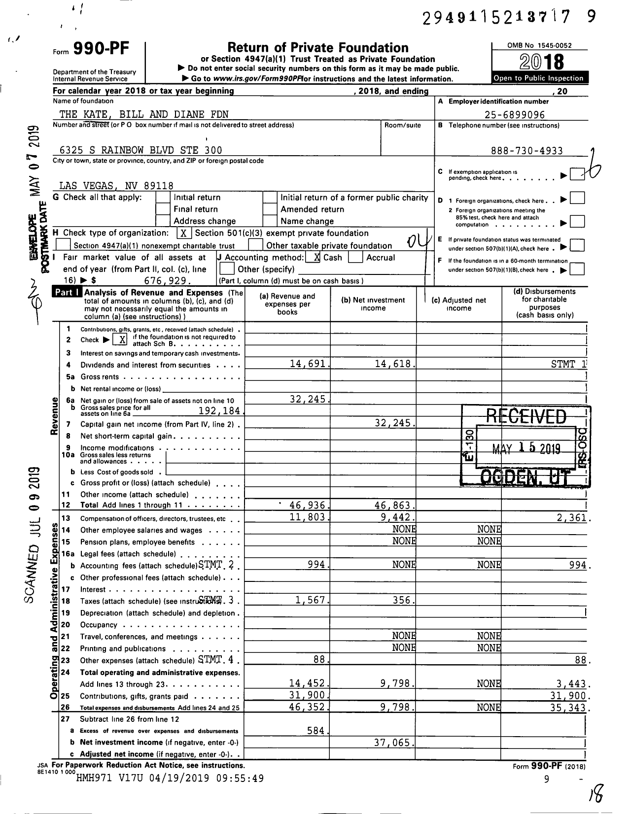 Image of first page of 2018 Form 990PF for Kate Bill and Diane Foundation