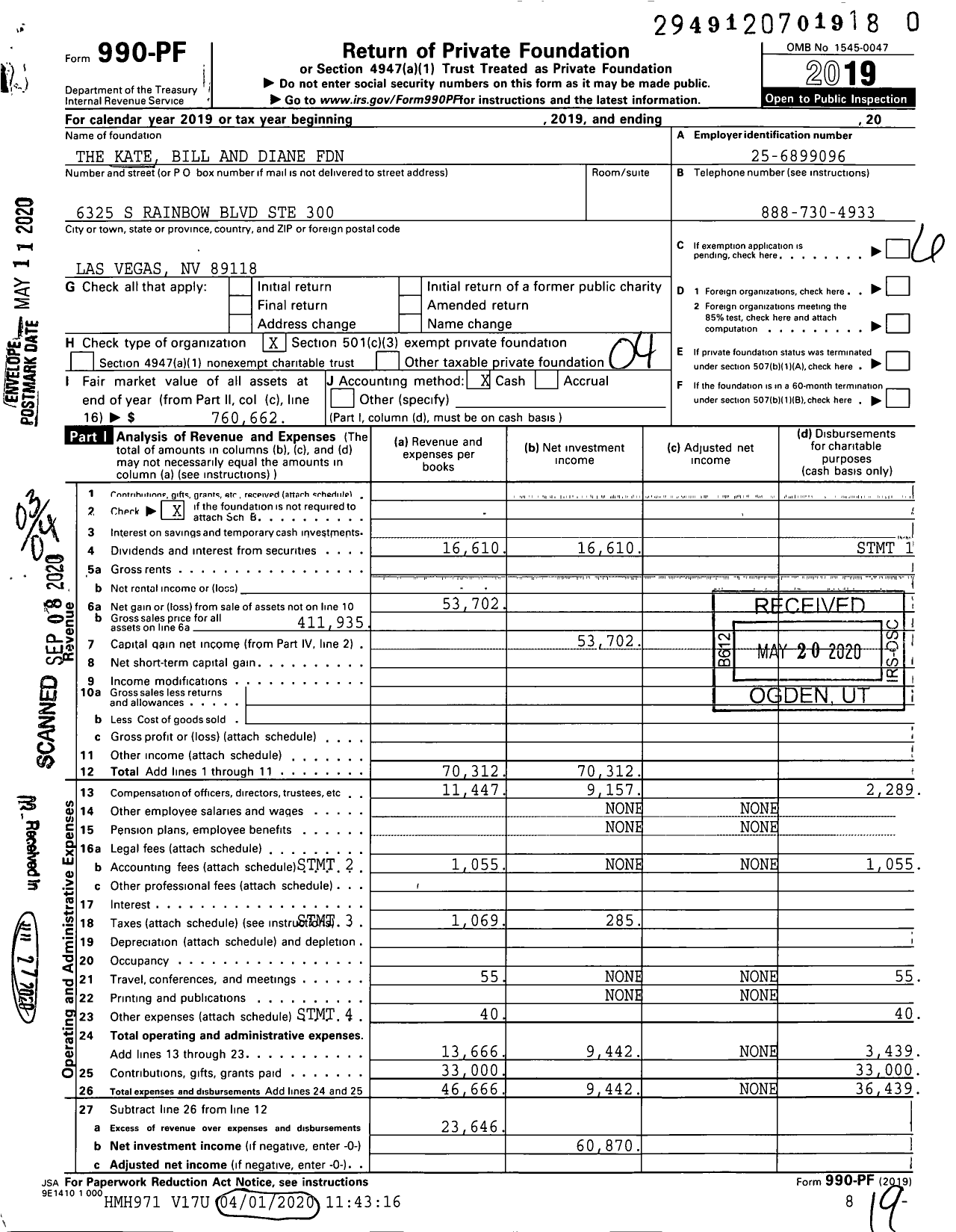 Image of first page of 2019 Form 990PR for Kate Bill and Diane Foundation