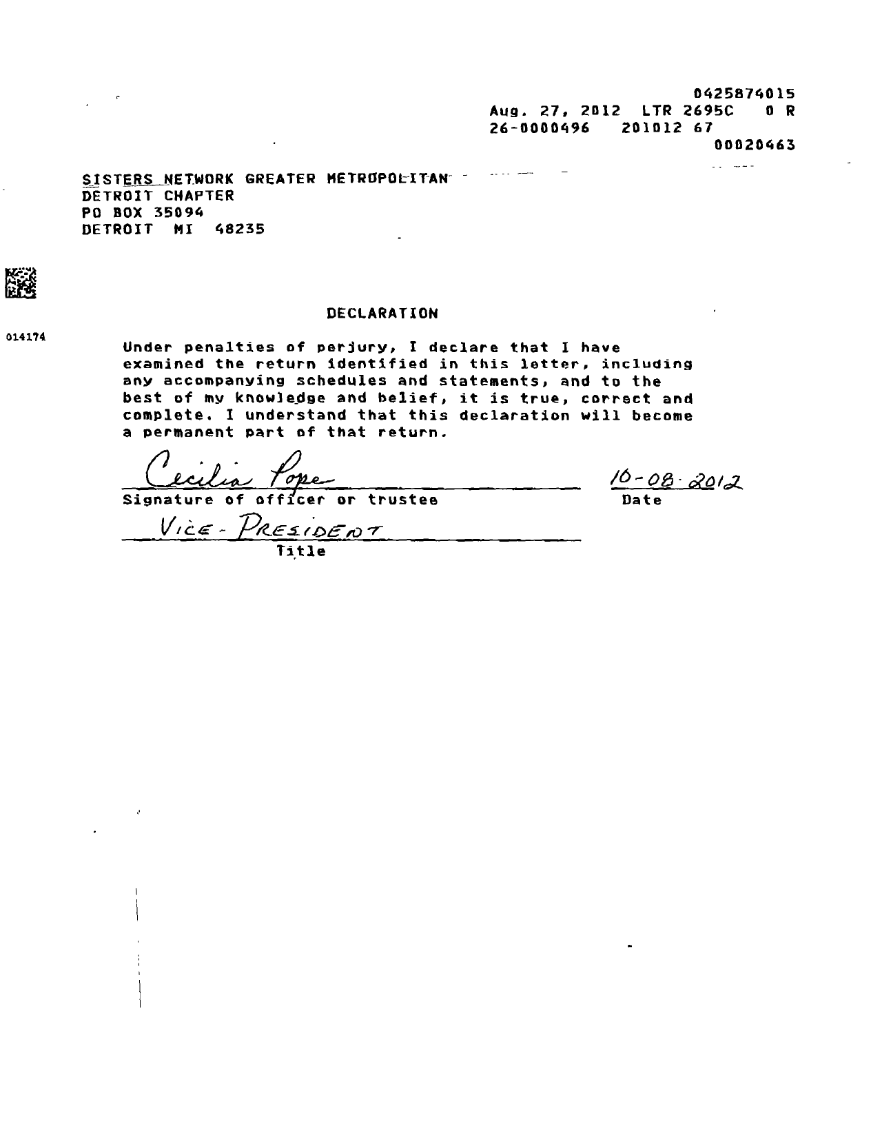 Image of first page of 2010 Form 990ER for Sisters Network / Greater Metropolitan Detroit Chap