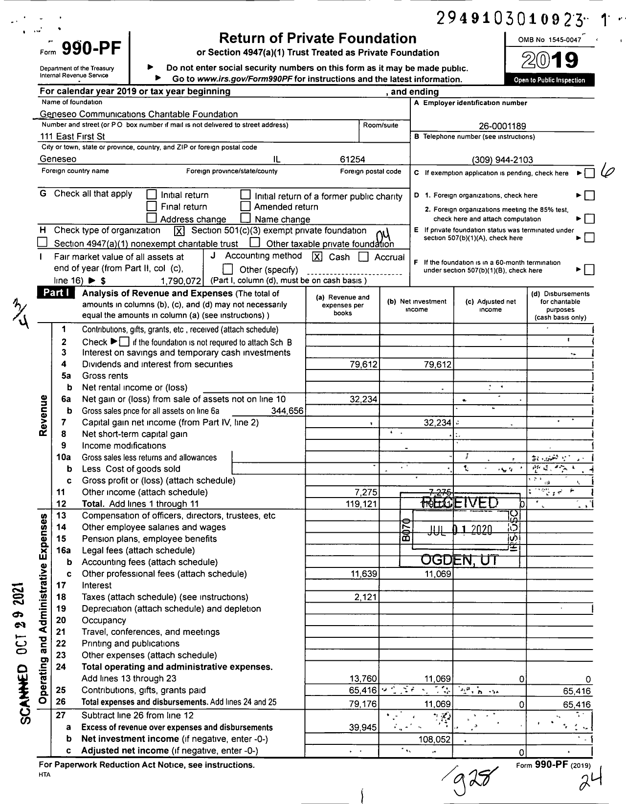 Image of first page of 2019 Form 990PF for Geneseo Communications Charitable Foundation