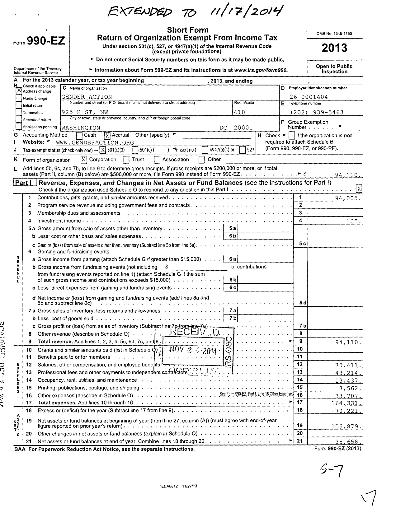 Image of first page of 2013 Form 990EZ for Gender Action