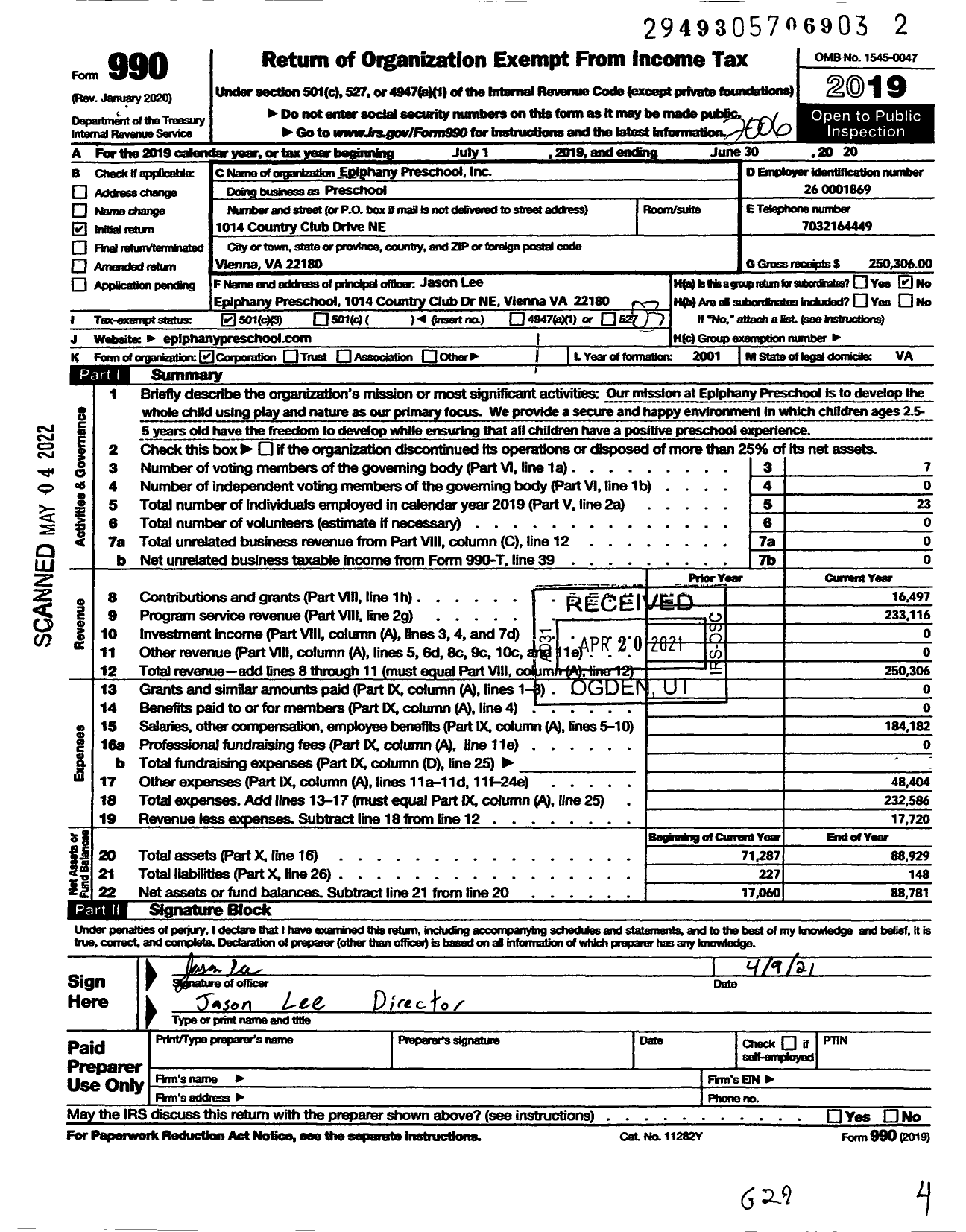 Image of first page of 2019 Form 990 for Epiphany Preschool