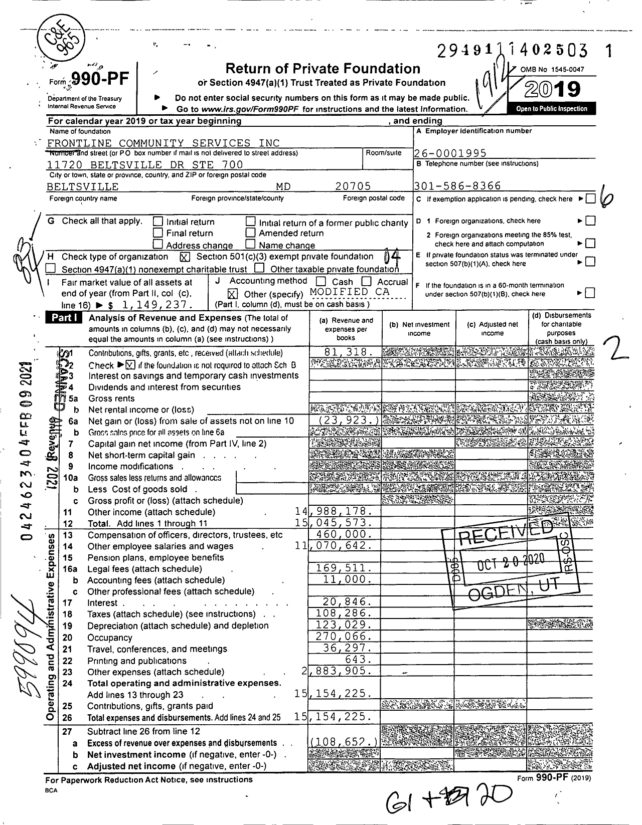 Image of first page of 2019 Form 990PF for Frontline Community Services