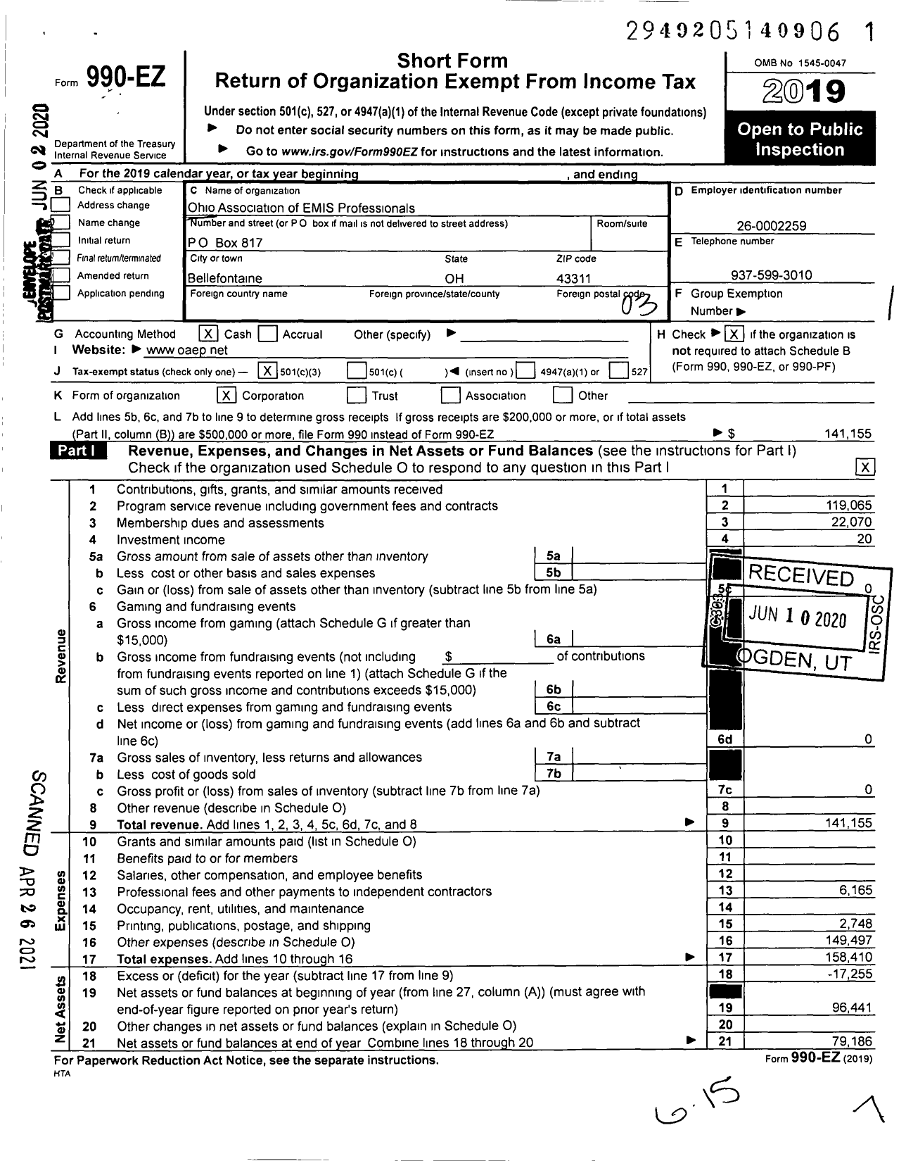 Image of first page of 2019 Form 990EZ for Ohio Association of EMIS Professionals