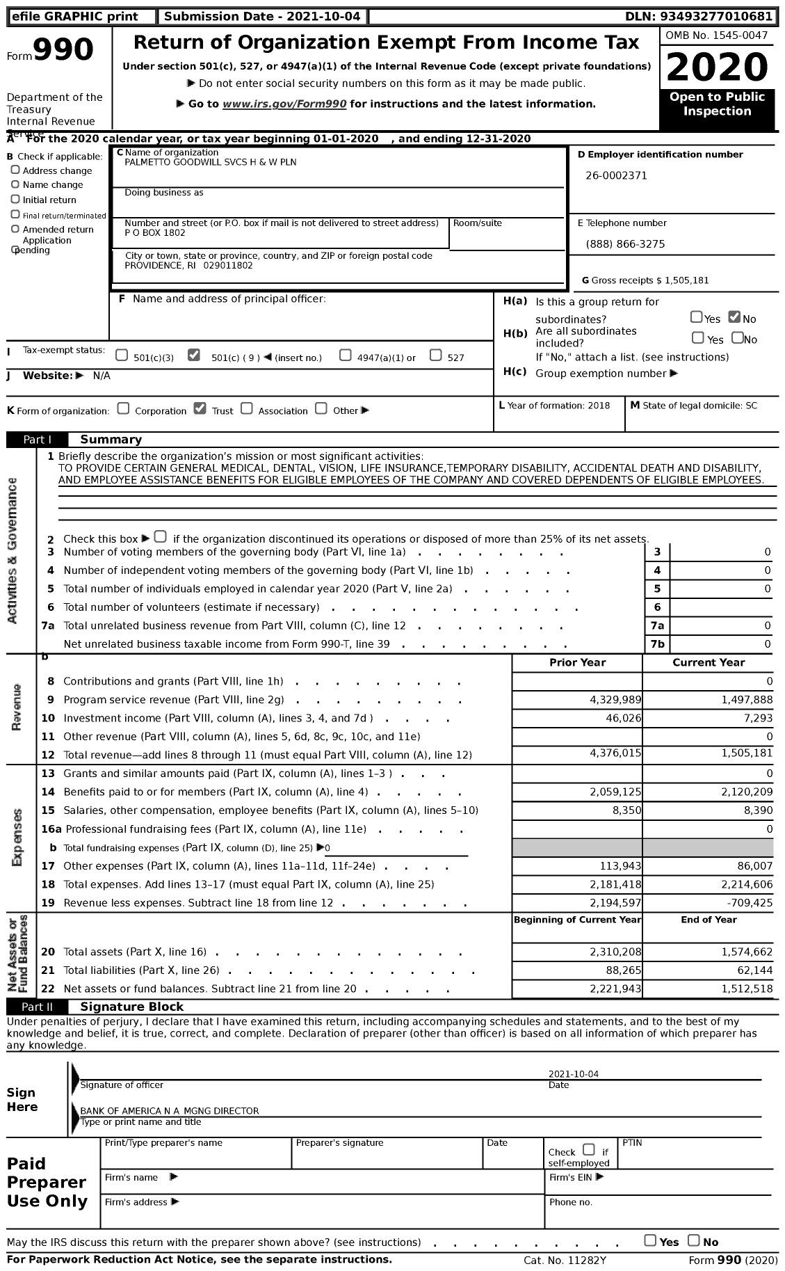 Image of first page of 2020 Form 990 for Palmetto Goodwill SVCS H and W PLN