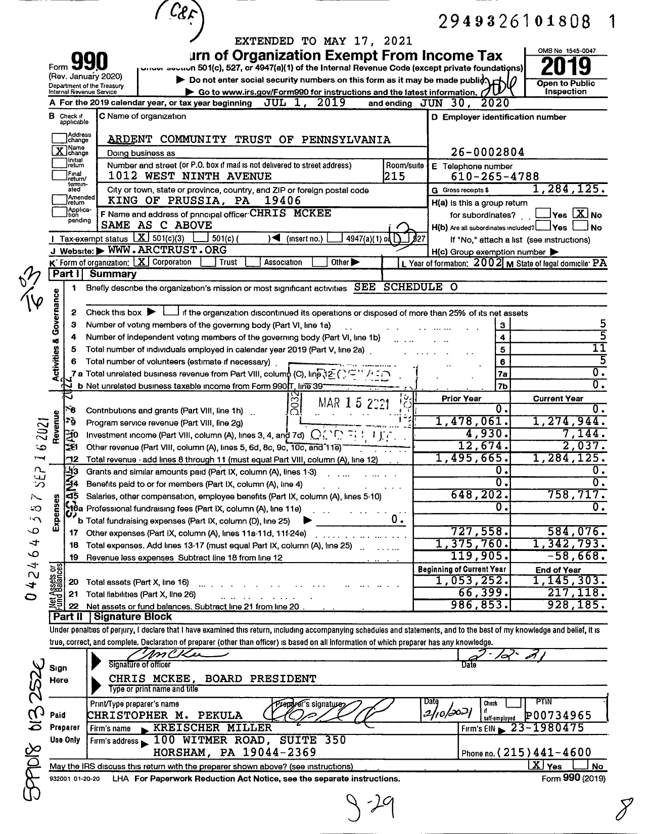 Image of first page of 2019 Form 990 for Ardent Community Trust of Pennsylvania